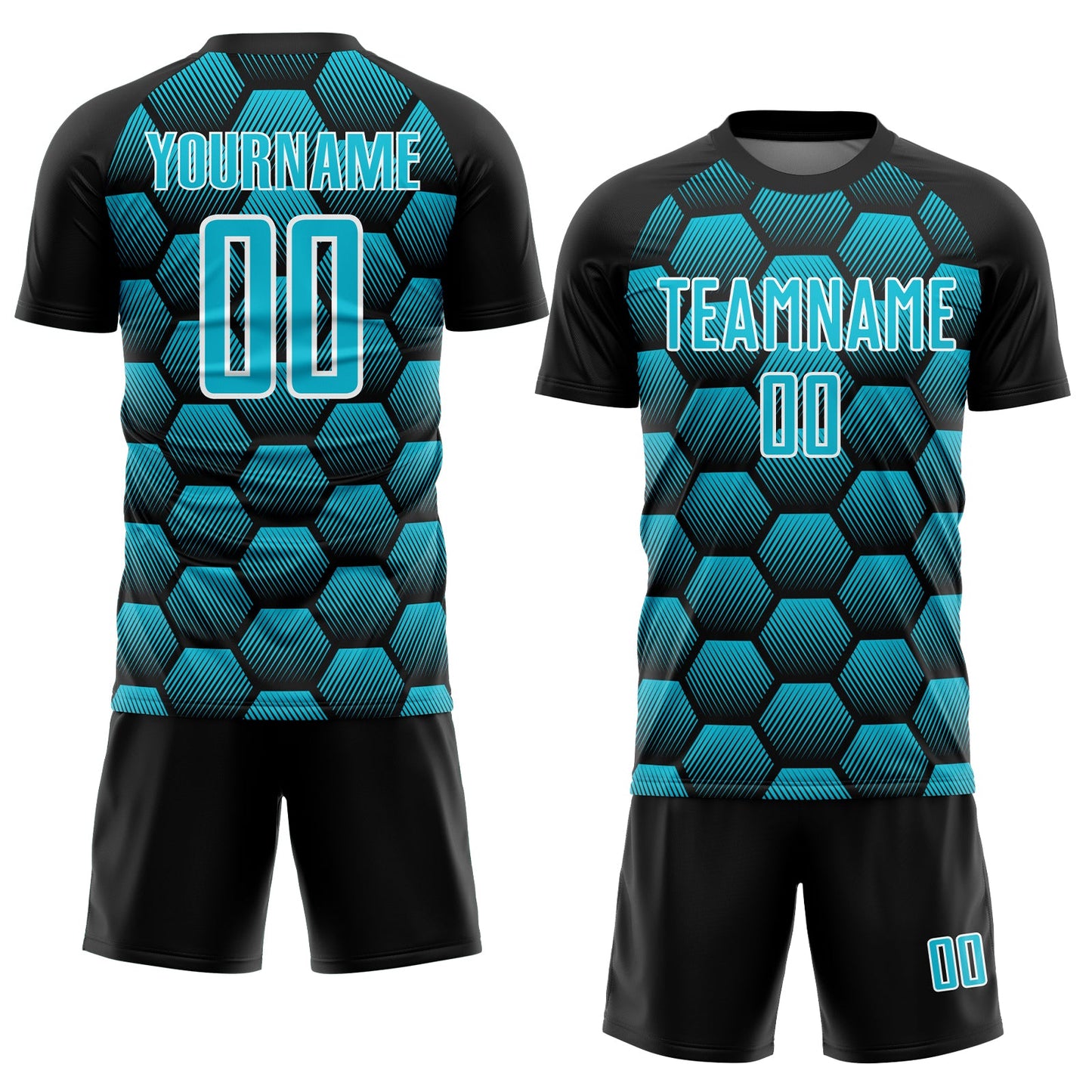 Custom Black Lakes Blue-White Hexagons Pattern Sublimation Soccer Uniform Jersey view 2