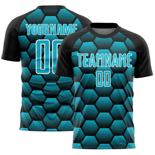Custom Black Lakes Blue-White Hexagons Pattern Sublimation Soccer Uniform Jersey - Main View