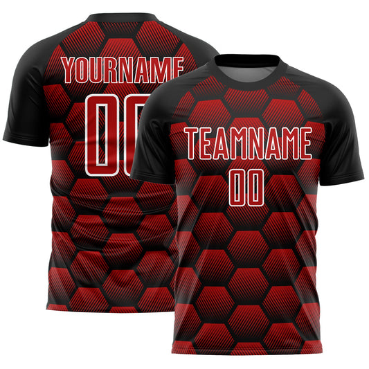Custom Black Red-White Hexagons Pattern Sublimation Soccer Uniform Jersey - Main View