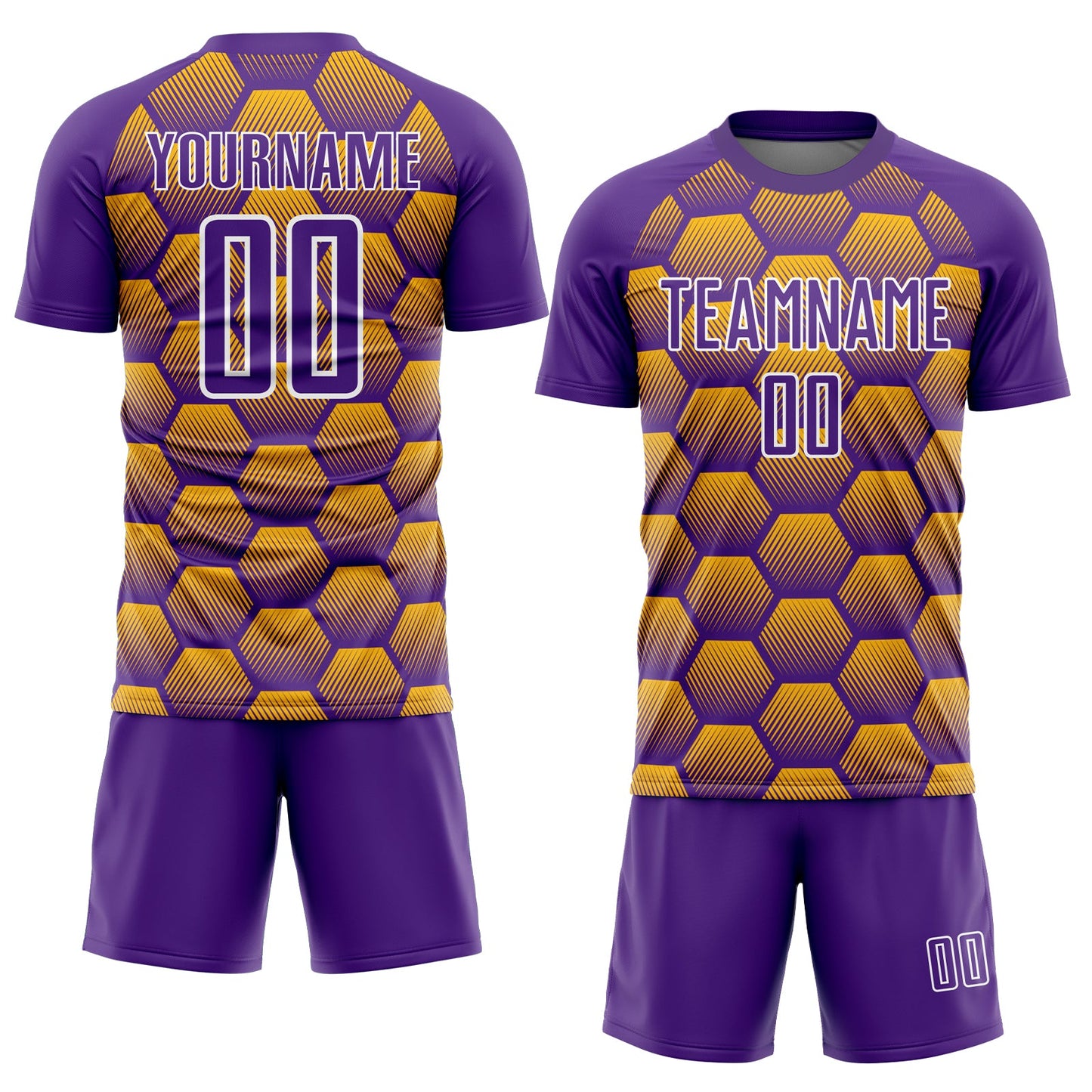 Custom Purple Gold-White Hexagons Pattern Sublimation Soccer Uniform Jersey view 2