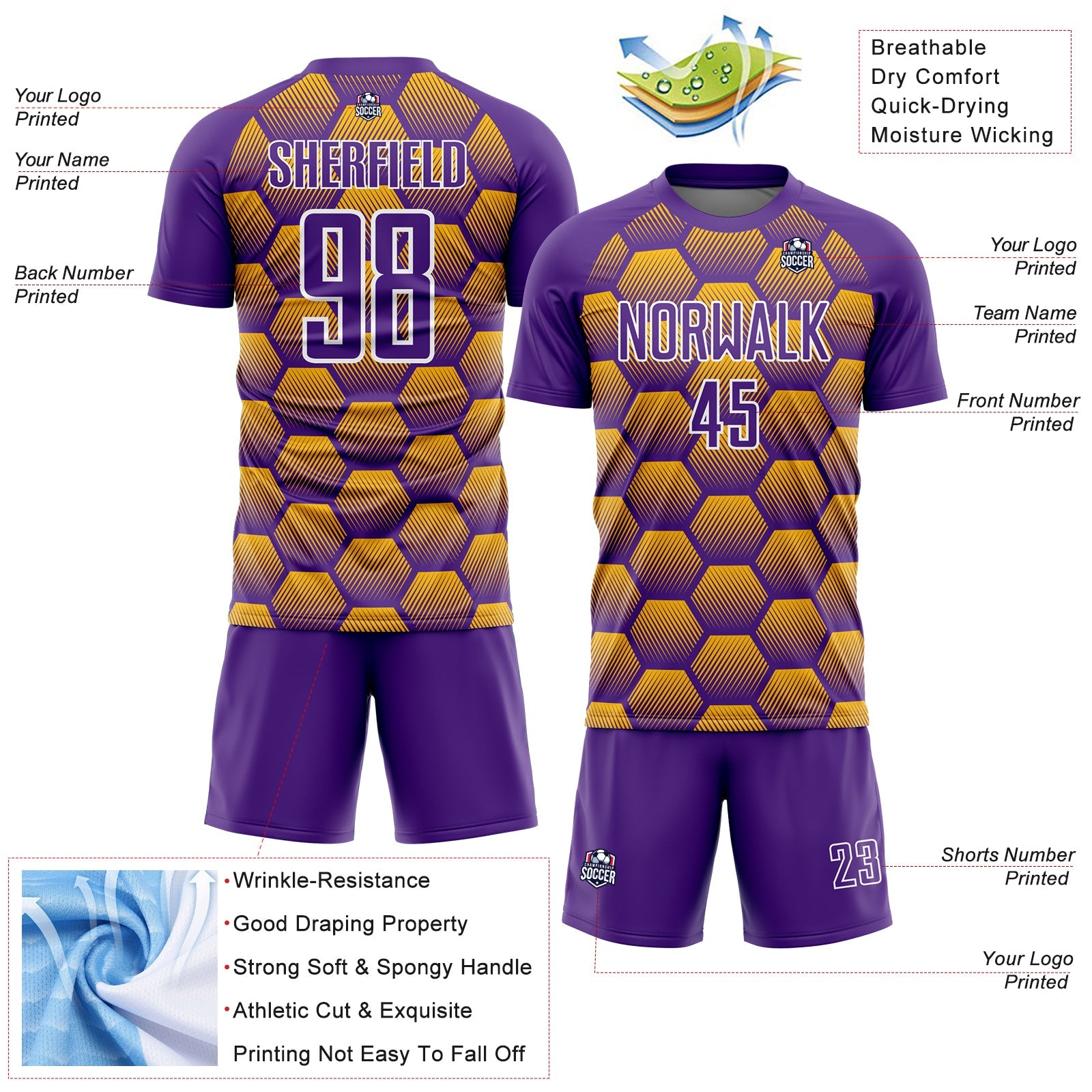 Custom Purple Gold-White Hexagons Pattern Sublimation Soccer Uniform Jersey view 4