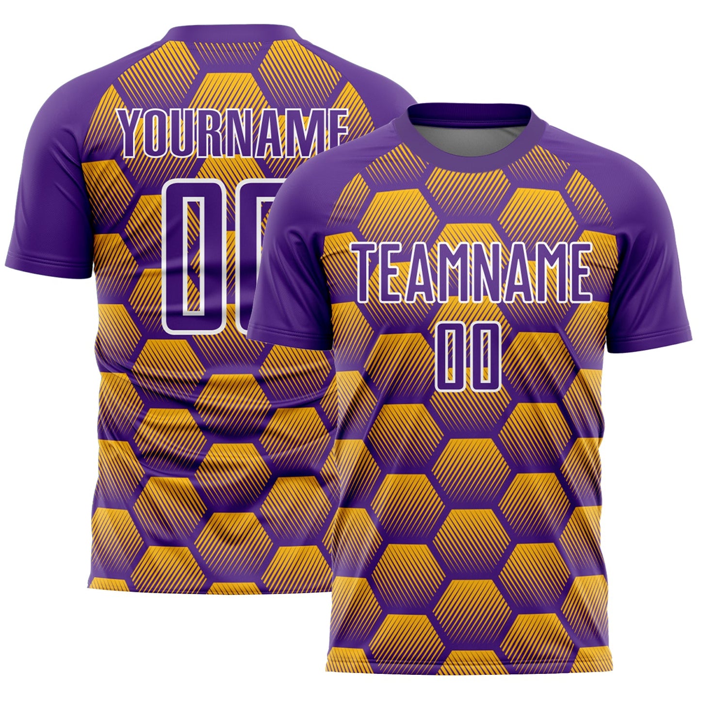 Custom Purple Gold-White Hexagons Pattern Sublimation Soccer Uniform Jersey - Main View