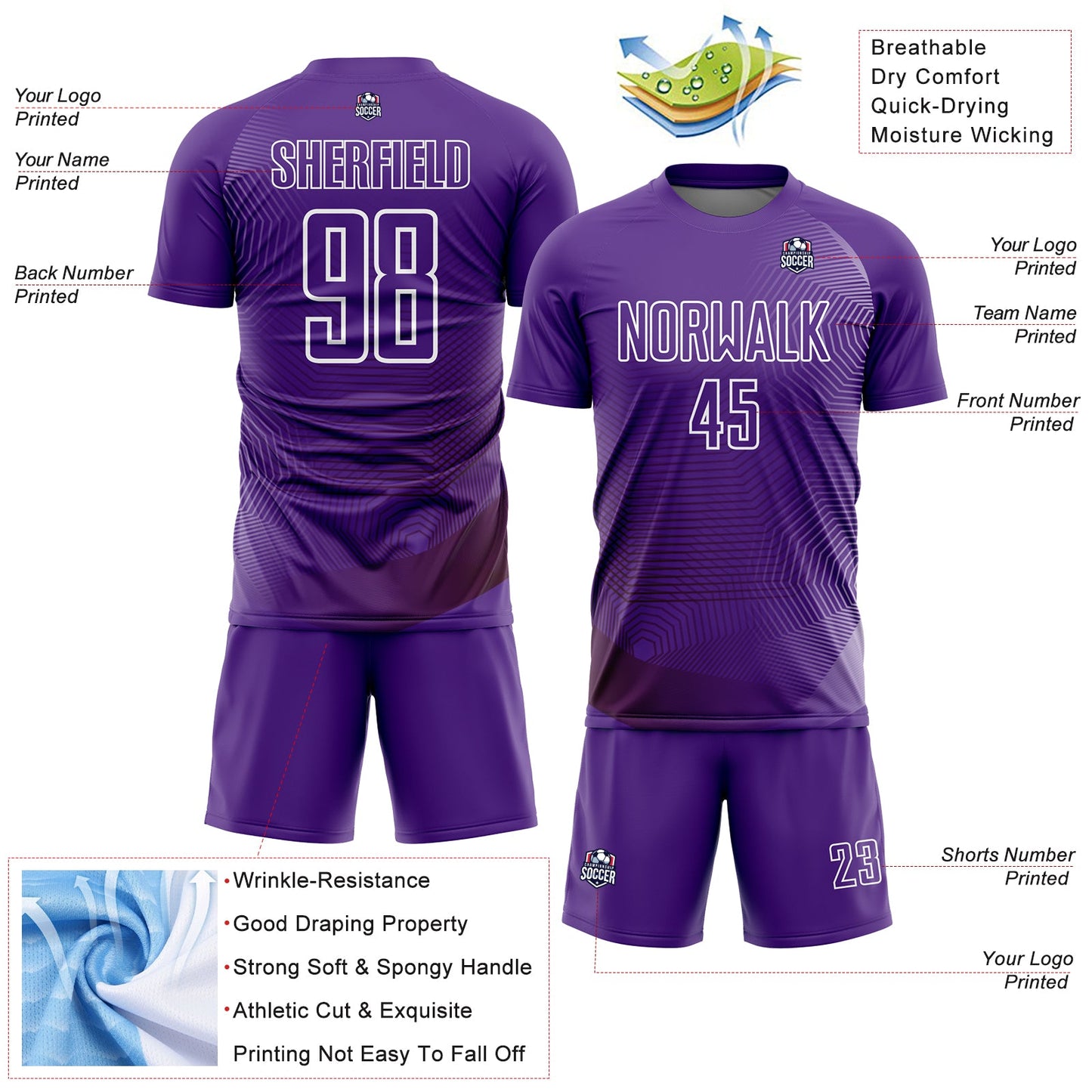 Custom Purple White Geometric Lines Sublimation Soccer Uniform Jersey view 4