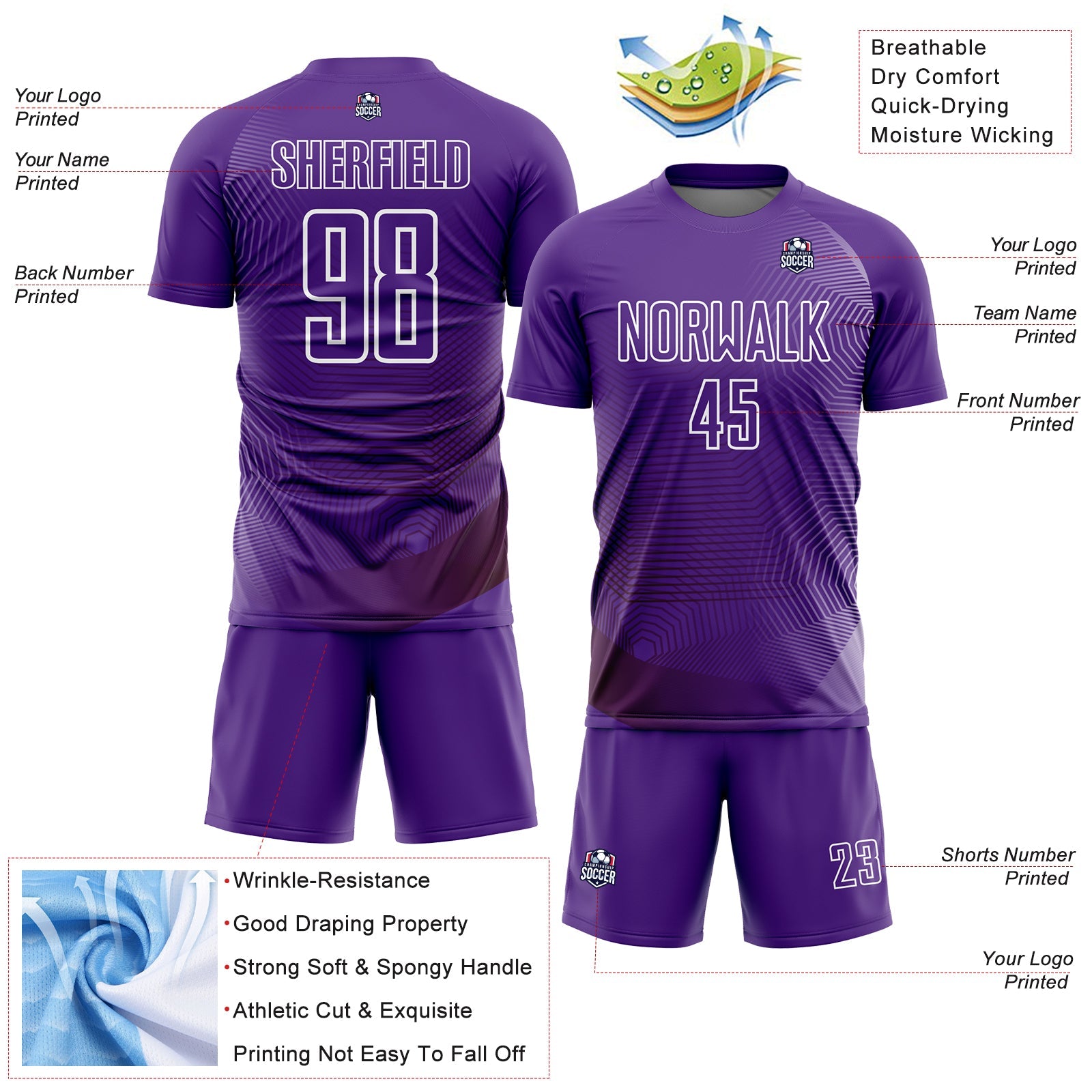 Custom Purple White Geometric Lines Sublimation Soccer Uniform Jersey view 4