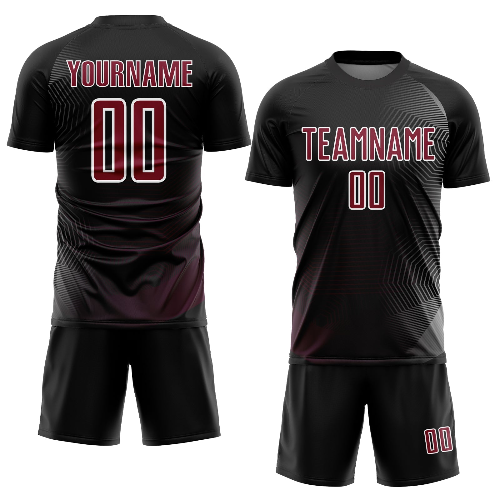 Custom Black Crimson-White Geometric Lines Sublimation Soccer Uniform Jersey view 2