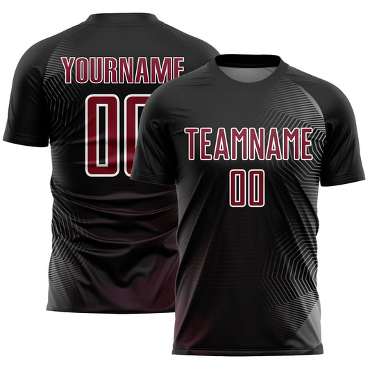 Custom Black Crimson-White Geometric Lines Sublimation Soccer Uniform Jersey - Main View