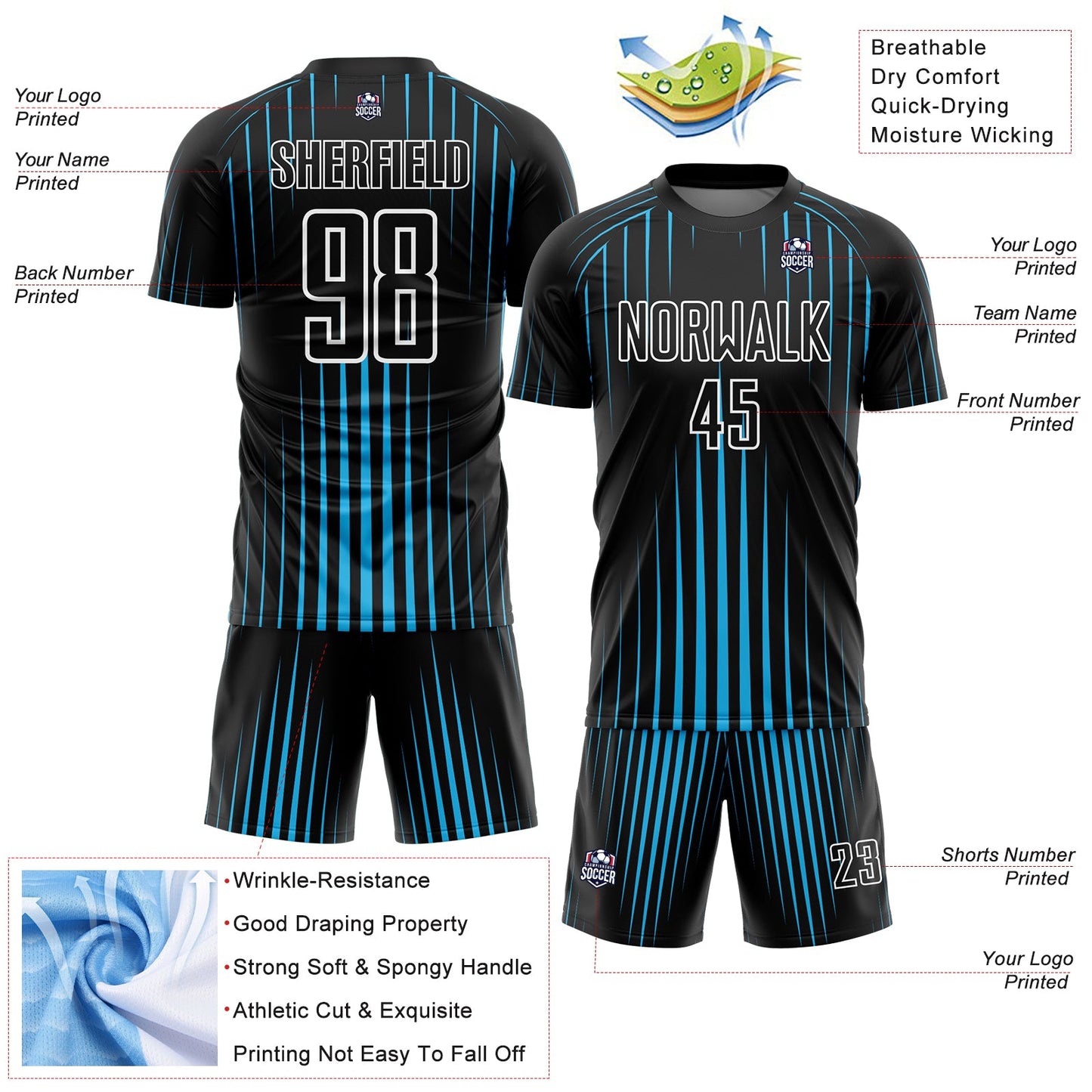 Custom Black Sky Blue-White Lines Sublimation Soccer Uniform Jersey view 4
