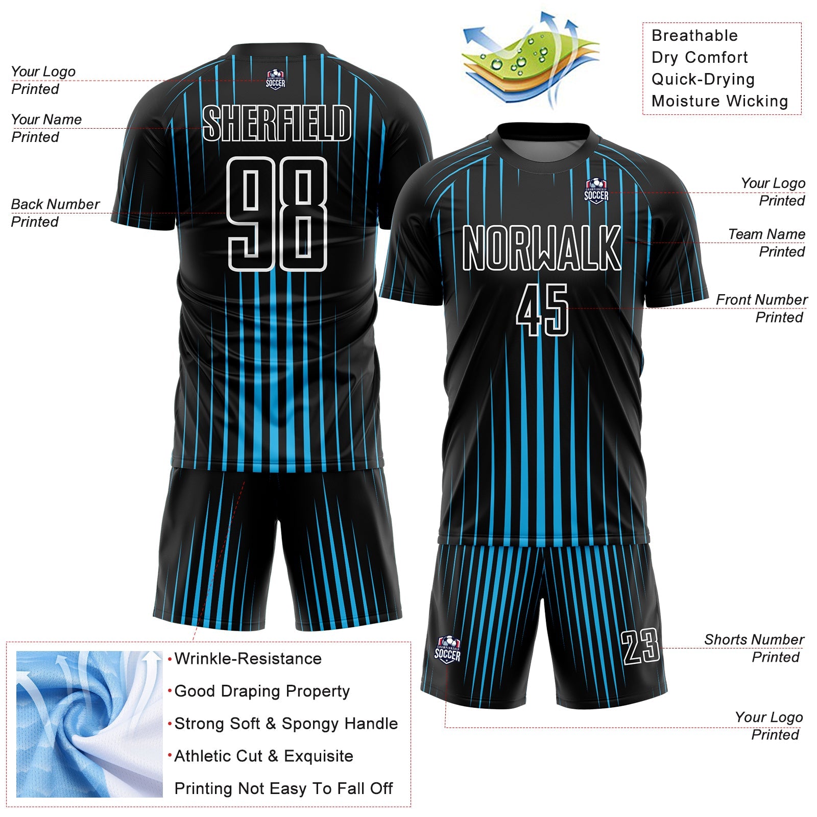 Custom Black Sky Blue-White Lines Sublimation Soccer Uniform Jersey view 4