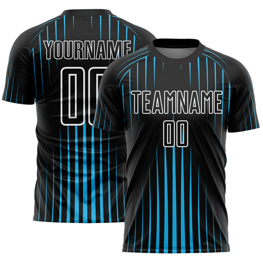 Custom Black Sky Blue-White Lines Sublimation Soccer Uniform Jersey - Main View