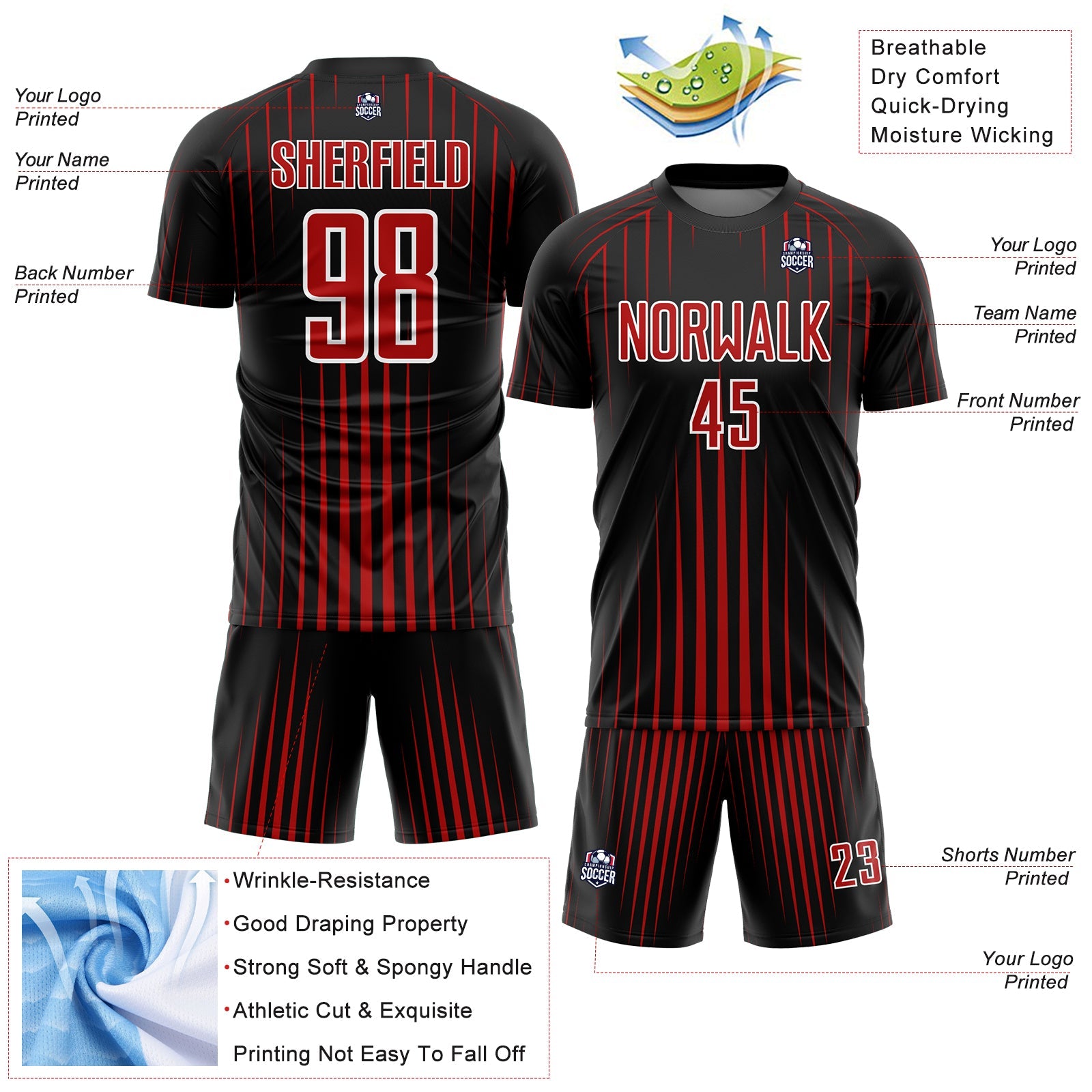Custom Black Red-White Lines Sublimation Soccer Uniform Jersey view 4