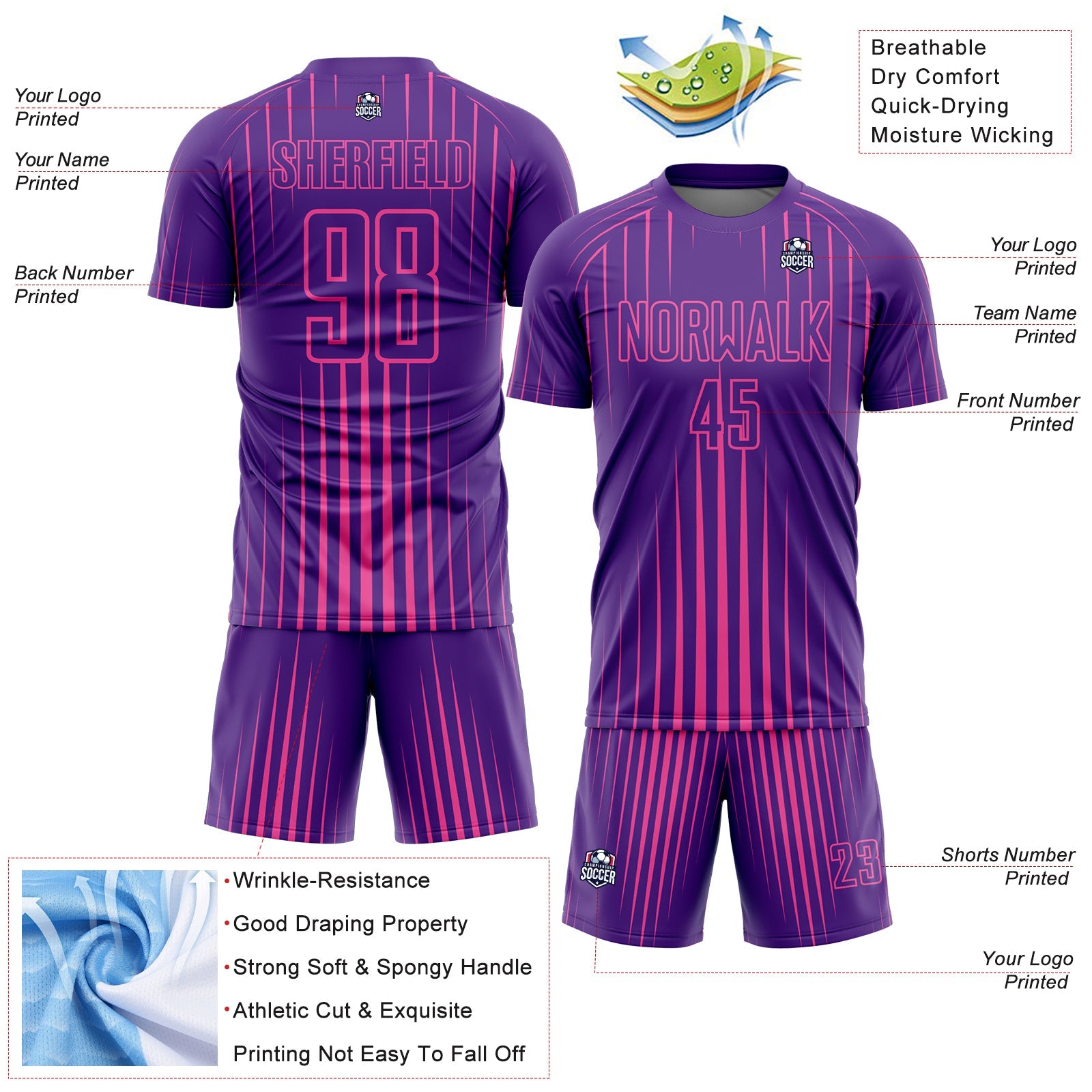 Custom Purple Pink Lines Sublimation Soccer Uniform Jersey view 4