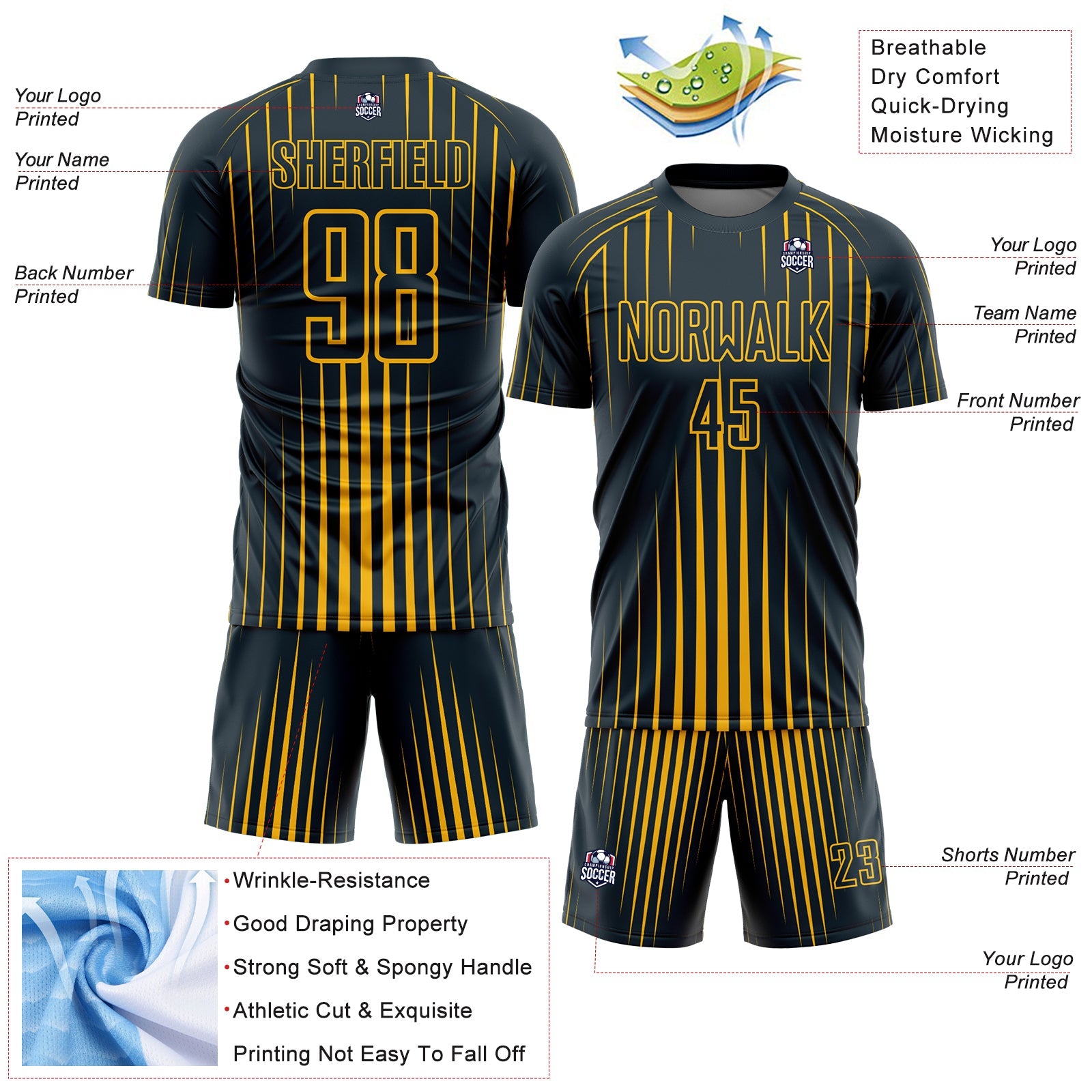 Custom Navy Gold Lines Sublimation Soccer Uniform Jersey view 4