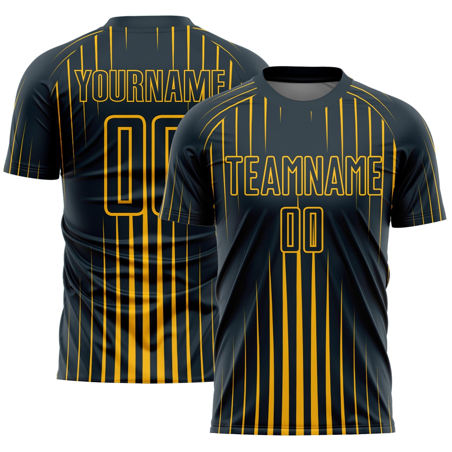 Custom Navy Gold Lines Sublimation Soccer Uniform Jersey - Main View