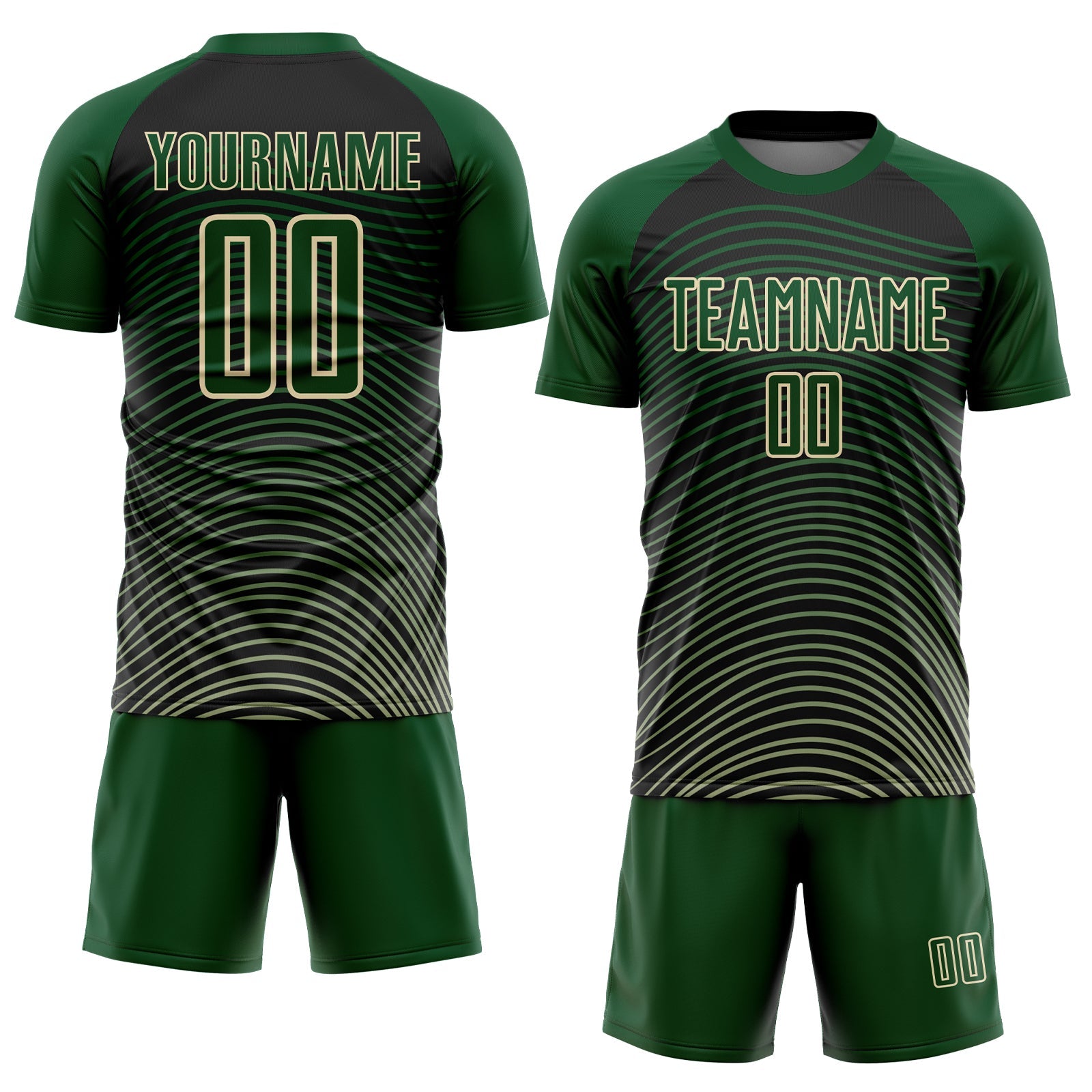 Custom Green Cream-Black Gradient Geometric Lines Sublimation Soccer Uniform Jersey view 2
