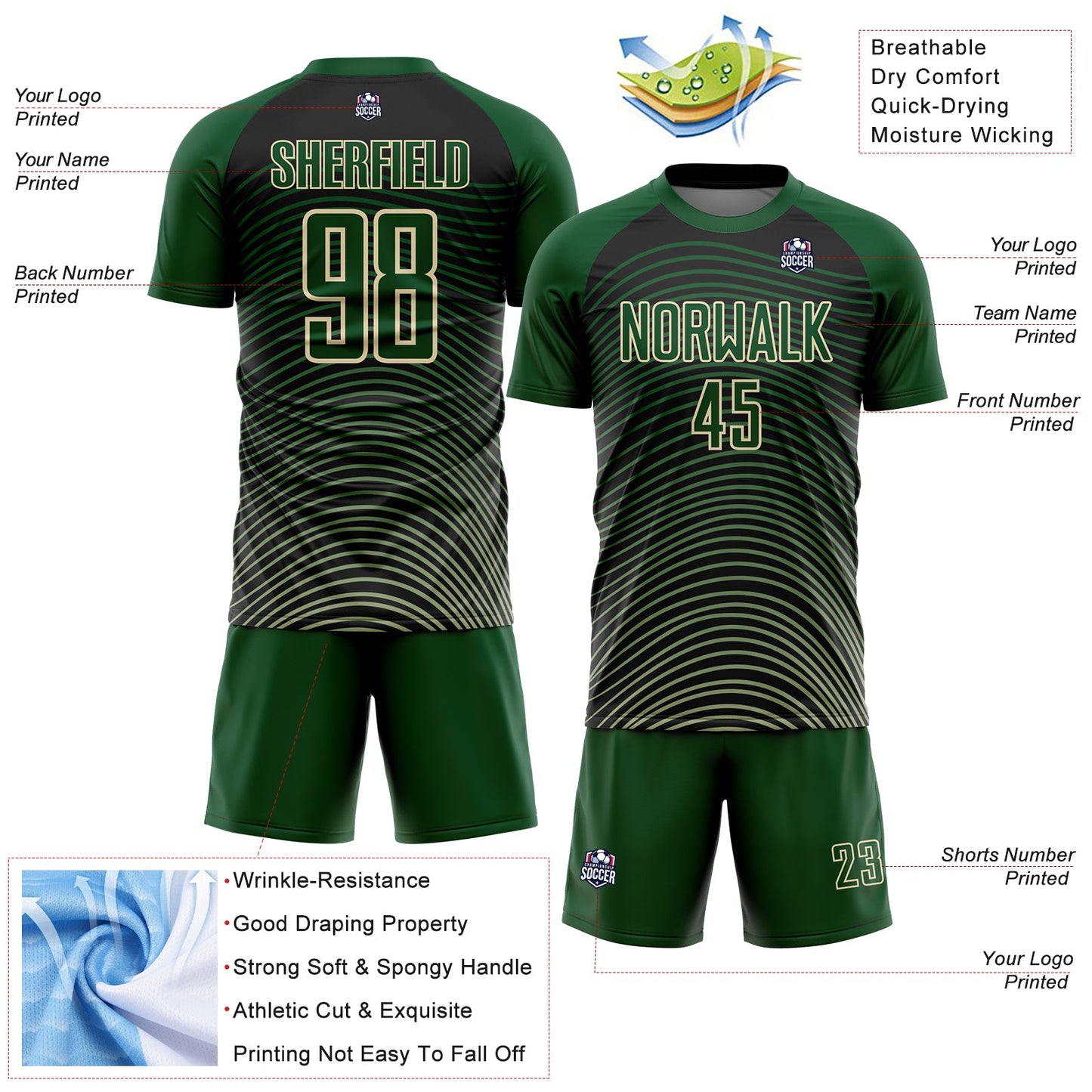 Custom Green Cream-Black Gradient Geometric Lines Sublimation Soccer Uniform Jersey view 4