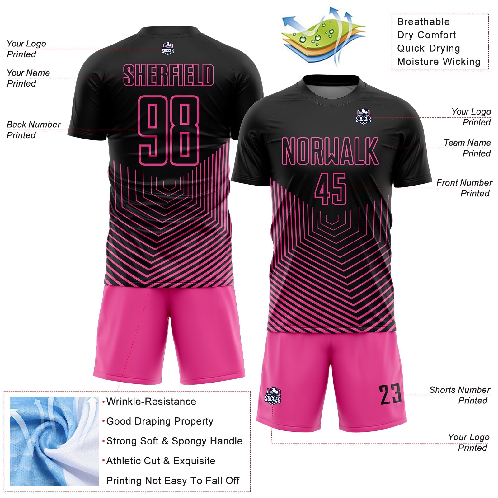 Custom Black Pink Geometric Lines Sublimation Soccer Uniform Jersey view 4