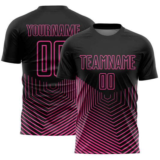 Custom Black Pink Geometric Lines Sublimation Soccer Uniform Jersey - Main View