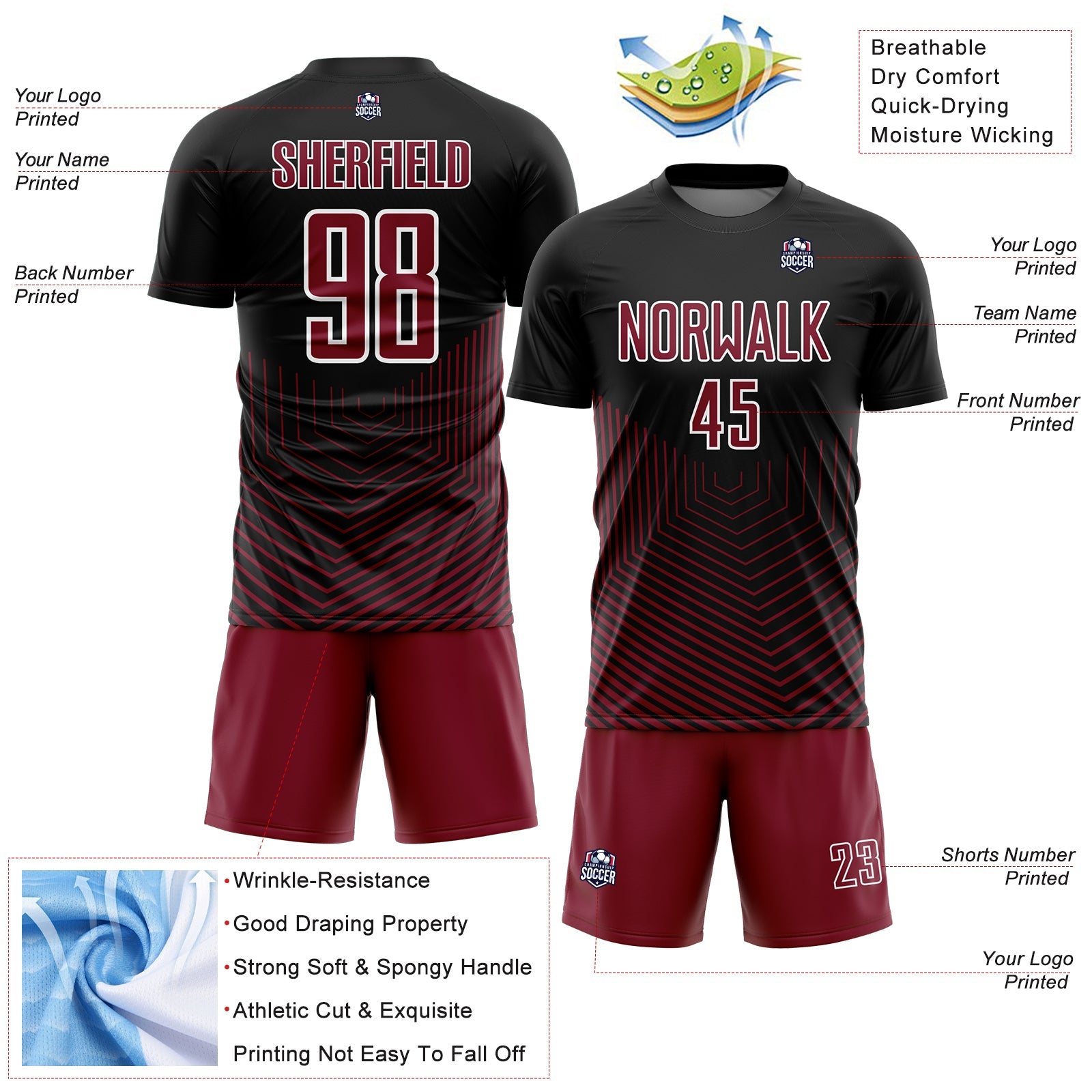 Custom Black Crimson-White Geometric Lines Sublimation Soccer Uniform Jersey view 4