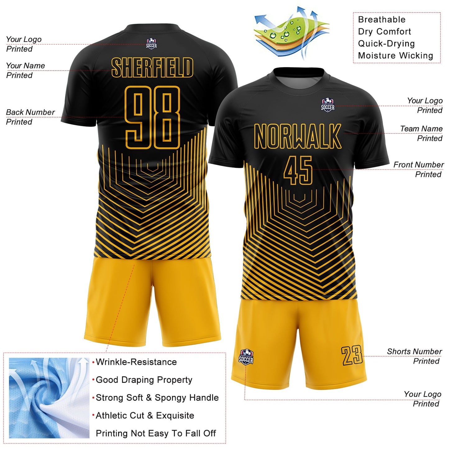 Custom Black Gold Geometric Lines Sublimation Soccer Uniform Jersey view 4
