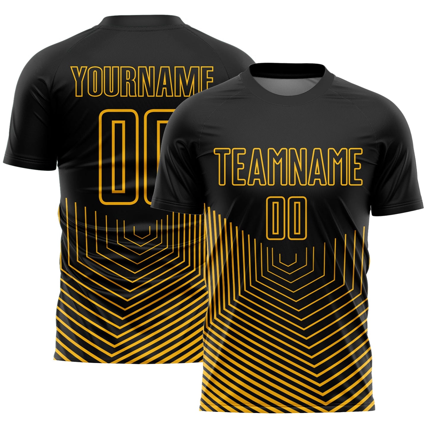 Custom Black Gold Geometric Lines Sublimation Soccer Uniform Jersey - Main View