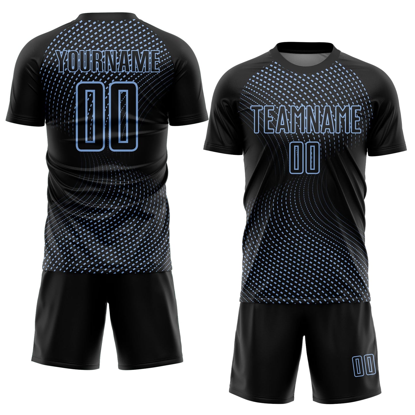 Custom Black Light Blue Geometric Lines Sublimation Soccer Uniform Jersey view 2