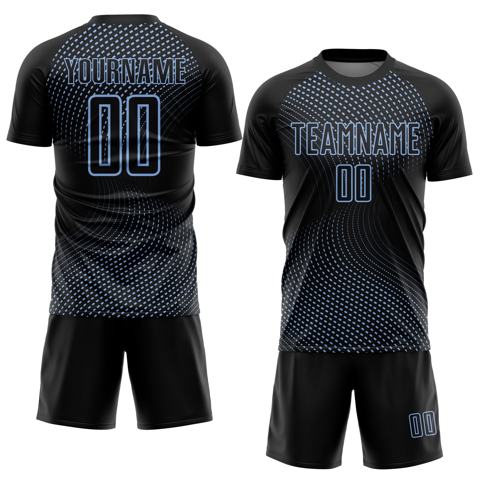 Custom Black Light Blue Geometric Lines Sublimation Soccer Uniform Jersey view 2