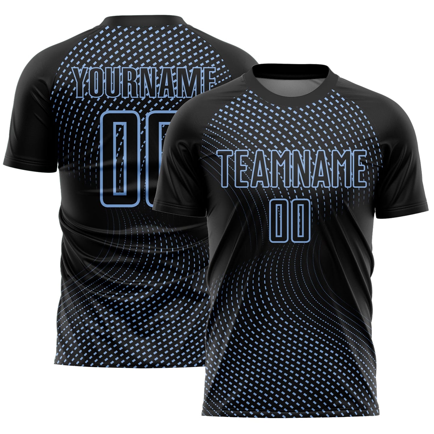 Custom Black Light Blue Geometric Lines Sublimation Soccer Uniform Jersey - Main View