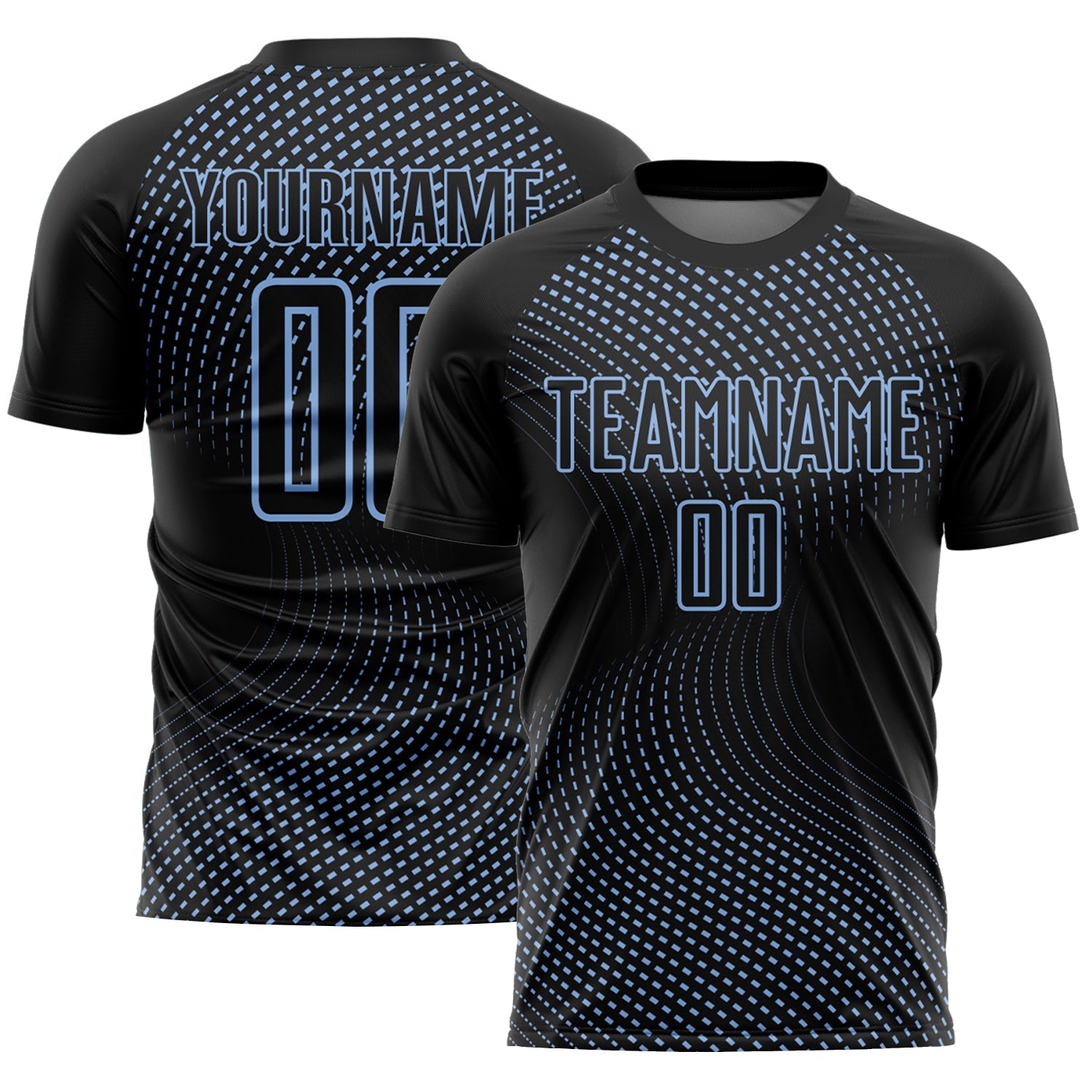 Custom Black Light Blue Geometric Lines Sublimation Soccer Uniform Jersey - Main View