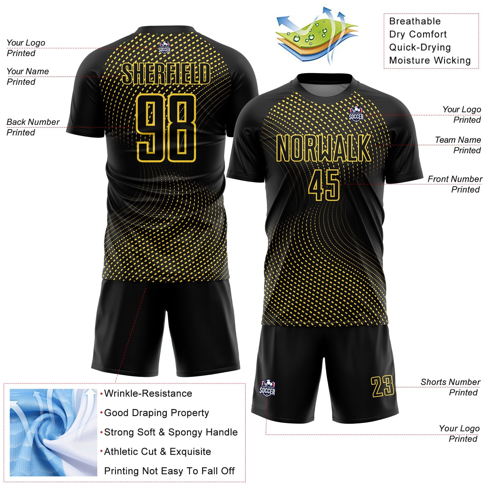 Custom Black Yellow Geometric Lines Sublimation Soccer Uniform Jersey view 4