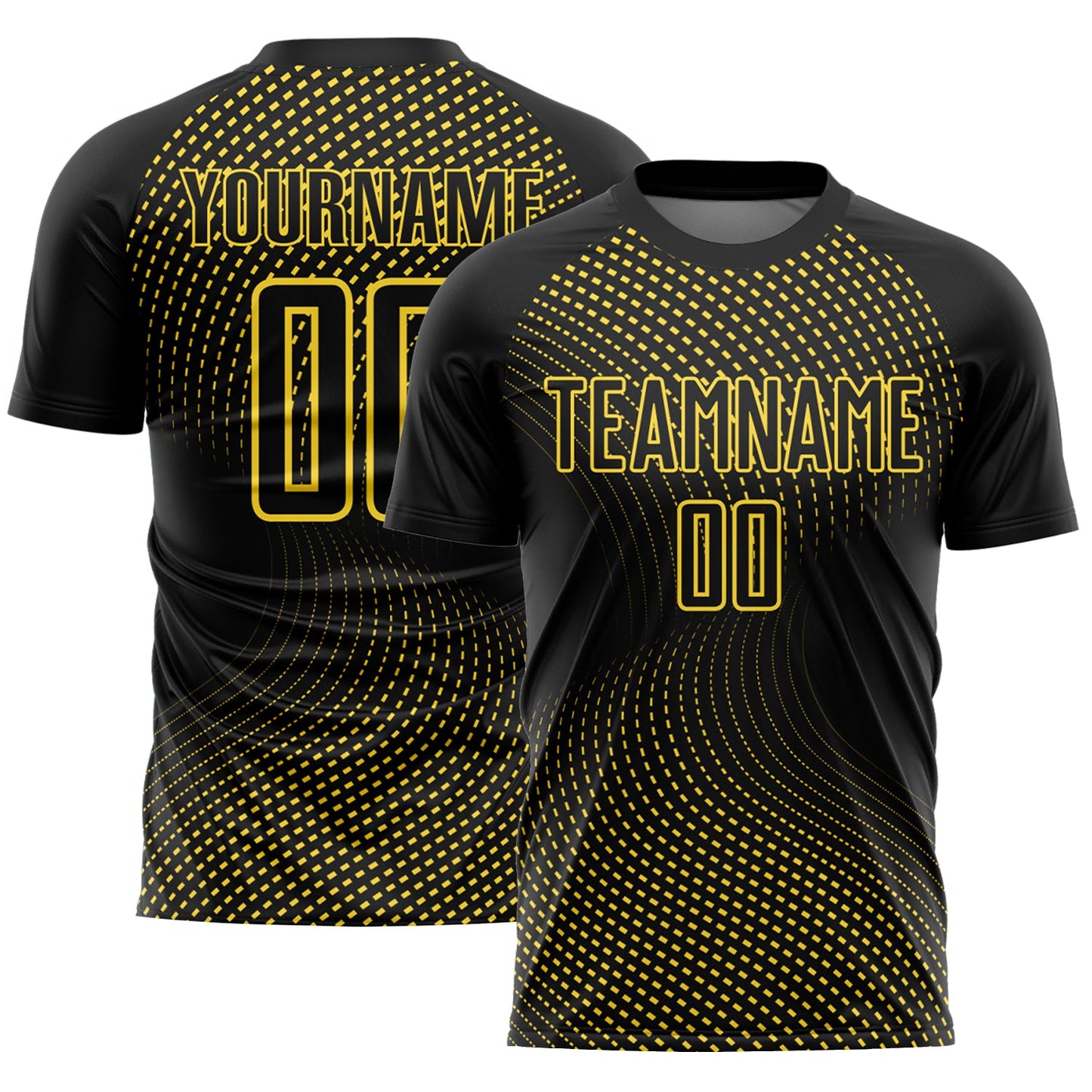 Custom Black Yellow Geometric Lines Sublimation Soccer Uniform Jersey - Main View