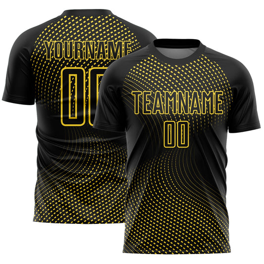 Custom Black Yellow Geometric Lines Sublimation Soccer Uniform Jersey - Main View