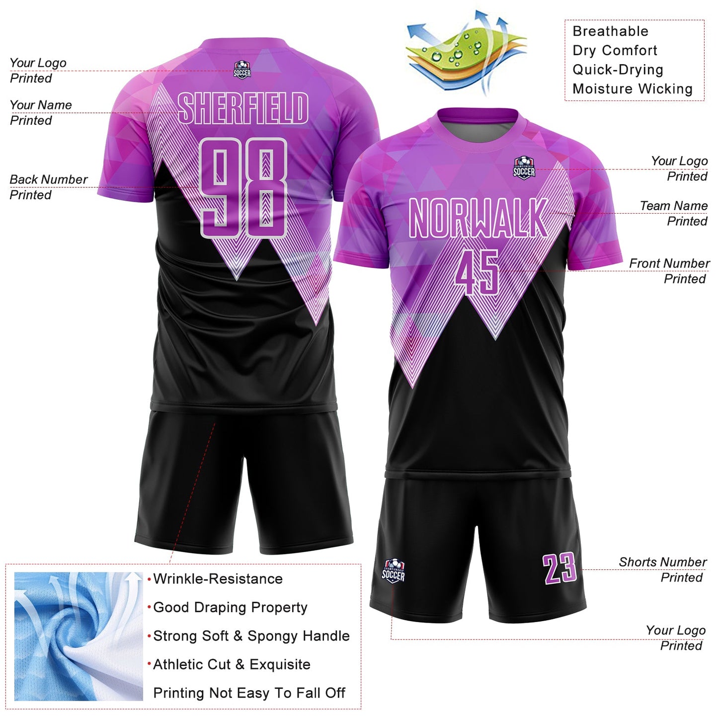 Custom Purple Black-White Geometric Pattern Sublimation Soccer Uniform Jersey view 4