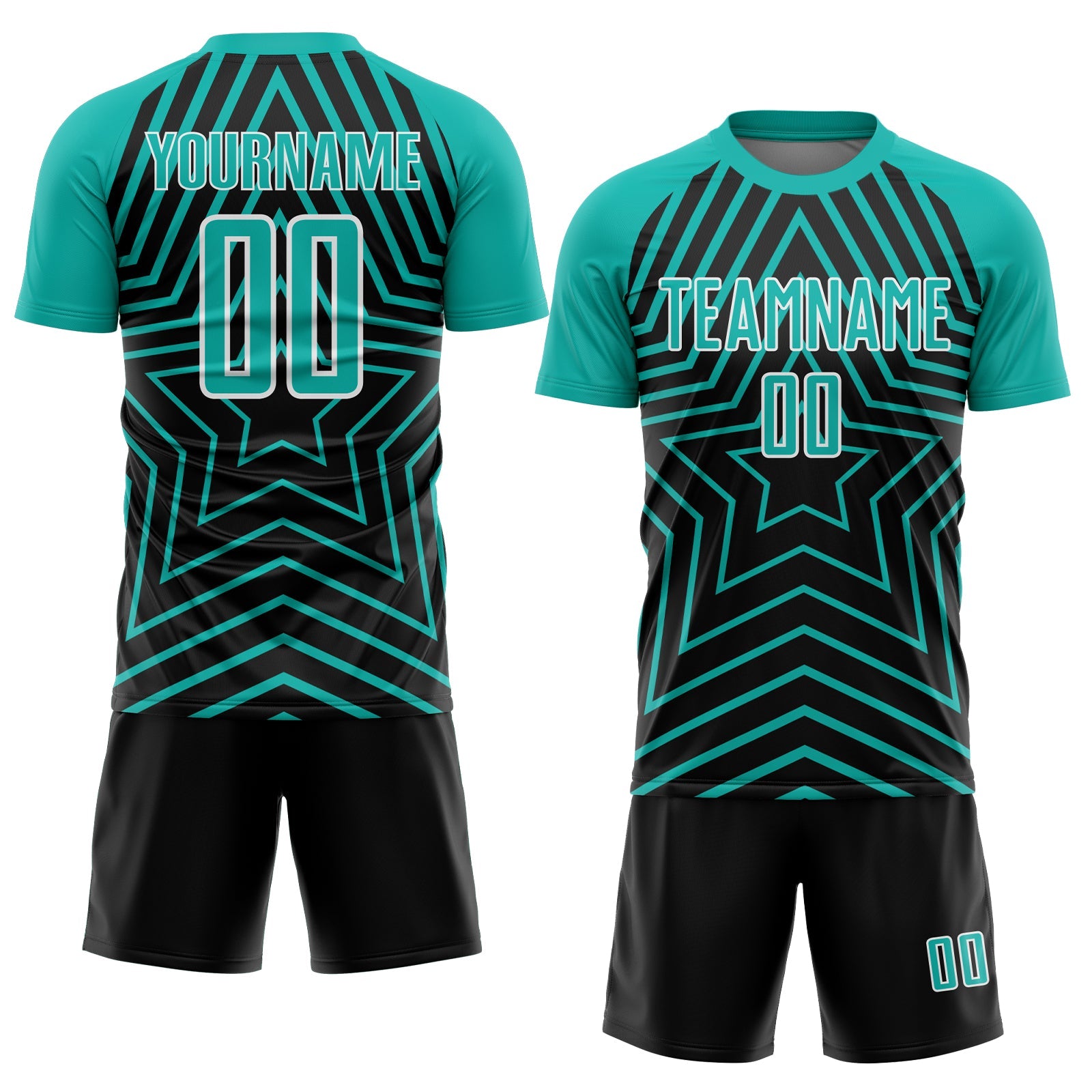 Custom Black Aqua-White Stars Sublimation Soccer Uniform Jersey view 2