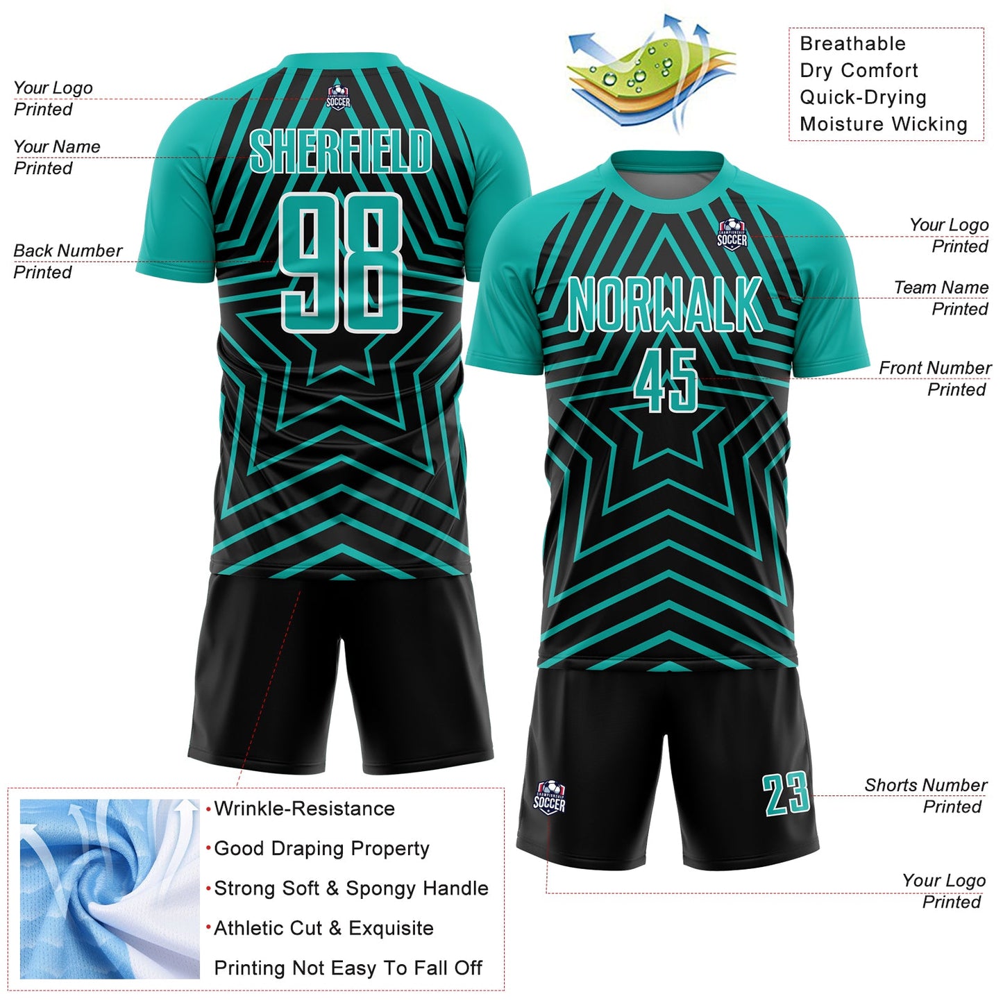 Custom Black Aqua-White Stars Sublimation Soccer Uniform Jersey view 4