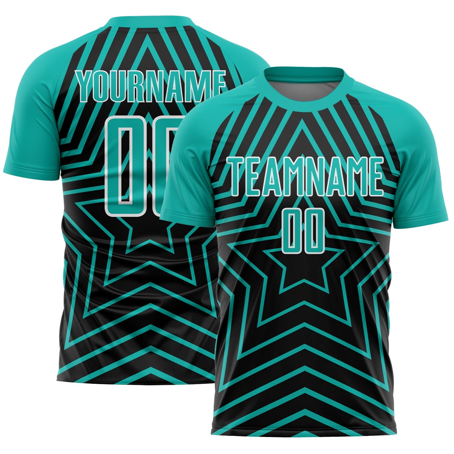 Custom Black Aqua-White Stars Sublimation Soccer Uniform Jersey - Main View