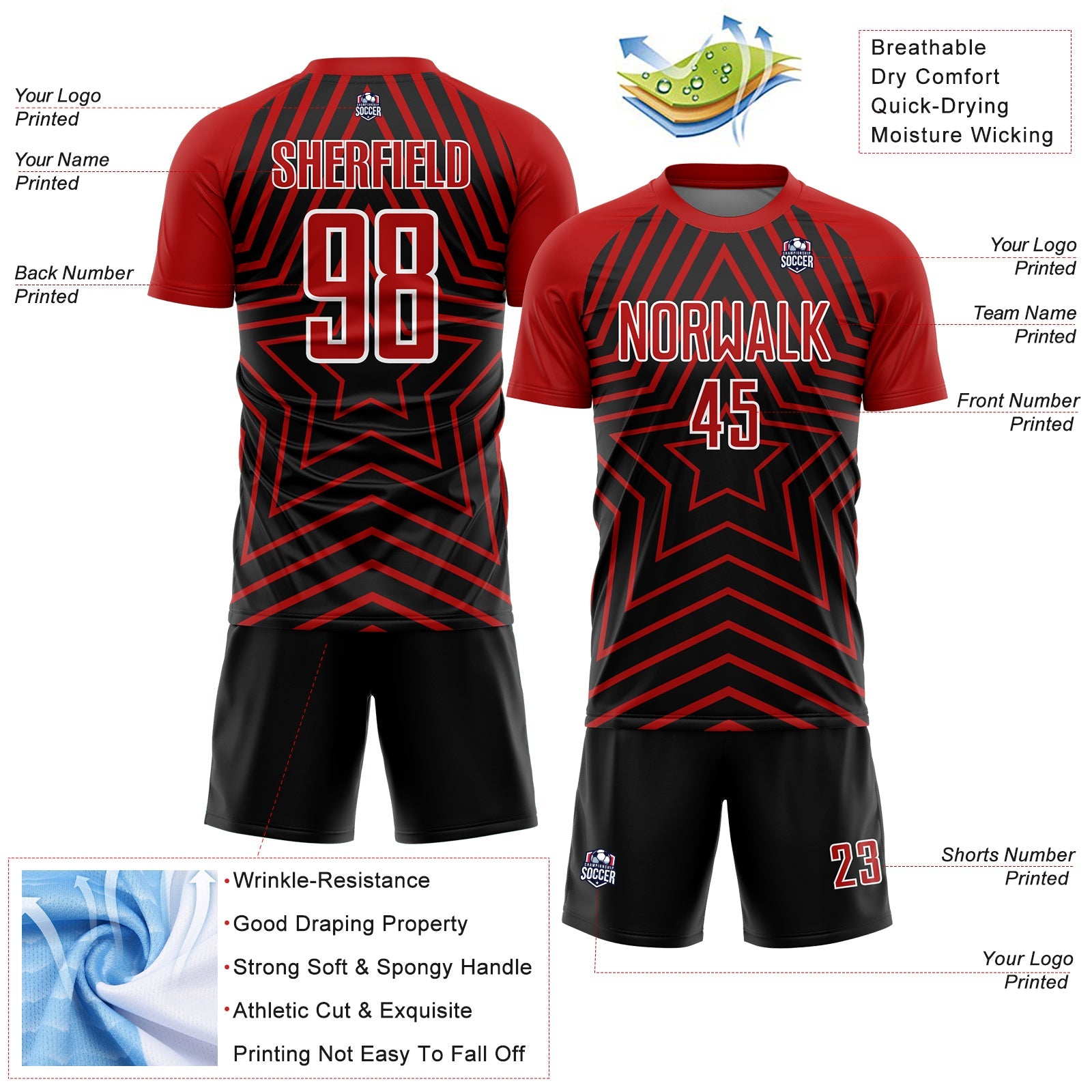 Custom Black Red-White Stars Sublimation Soccer Uniform Jersey view 4