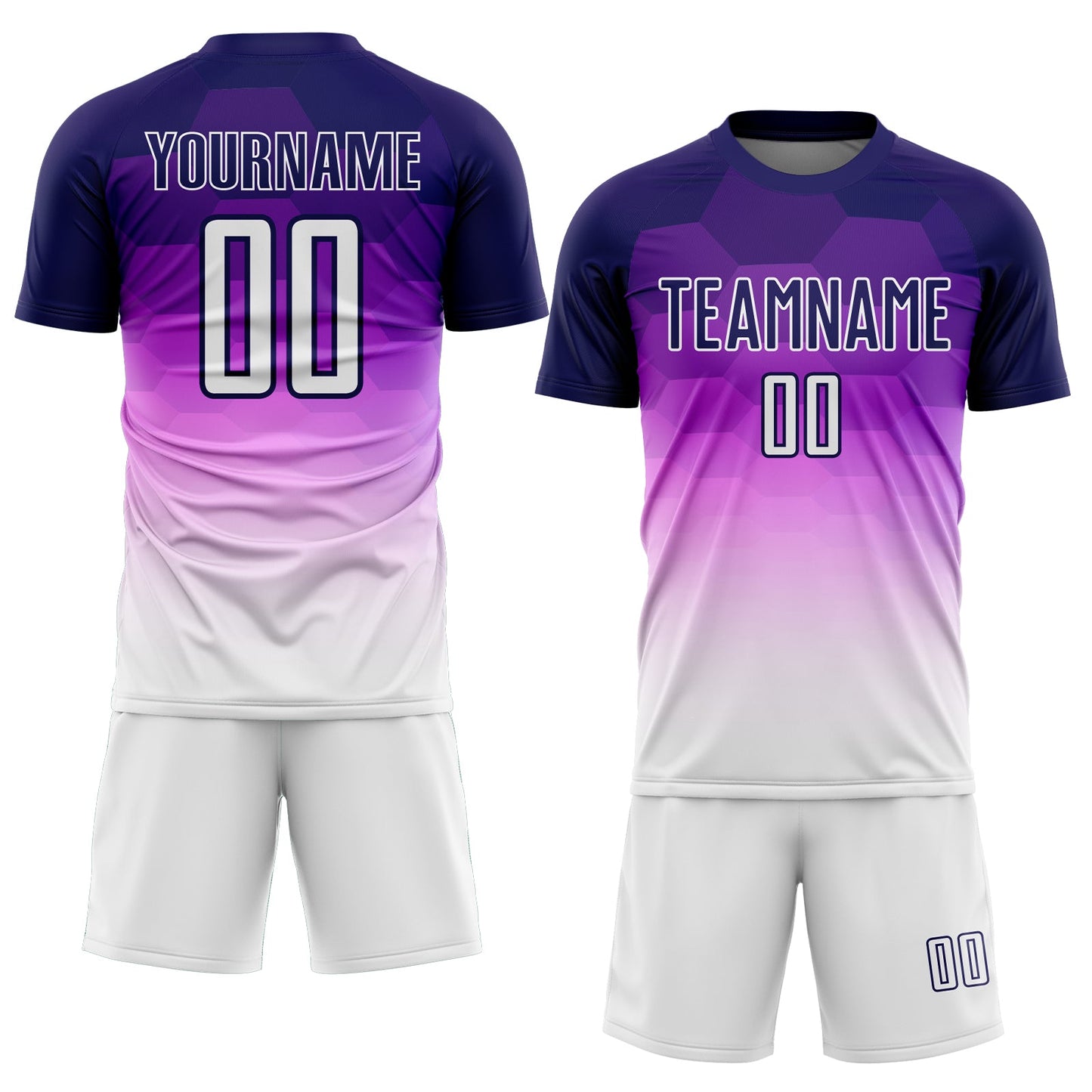 Custom Dark Purple White Gradient Hexagons Pattern Sublimation Soccer Uniform Jersey view 2
