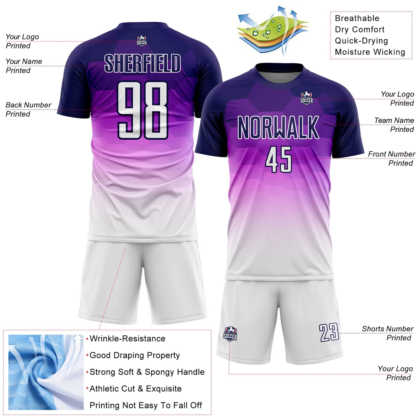 Custom Dark Purple White Gradient Hexagons Pattern Sublimation Soccer Uniform Jersey view 4