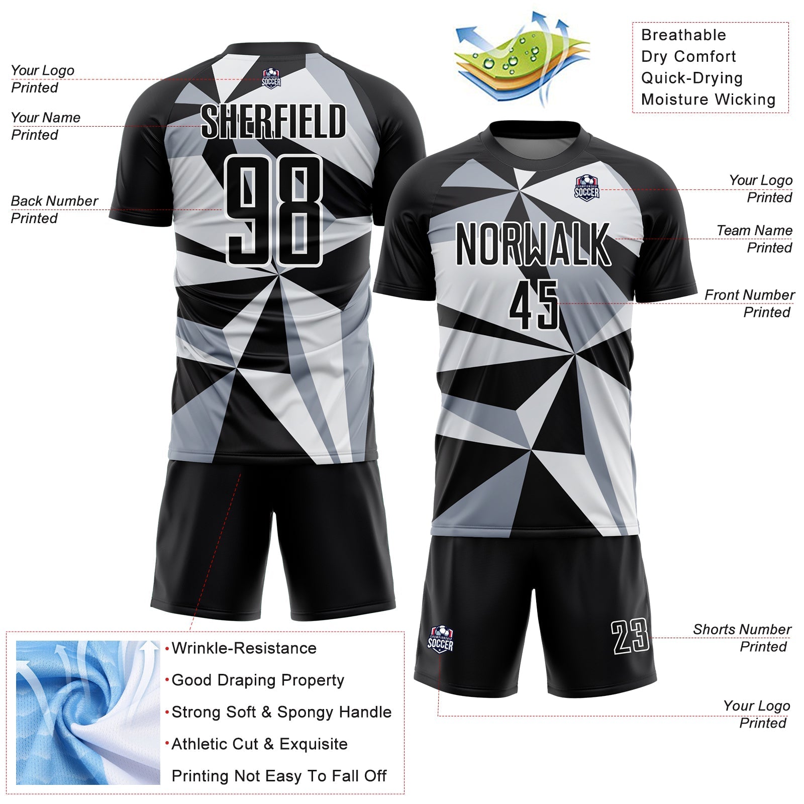Custom Black White Geometric Pattern Sublimation Soccer Uniform Jersey view 4