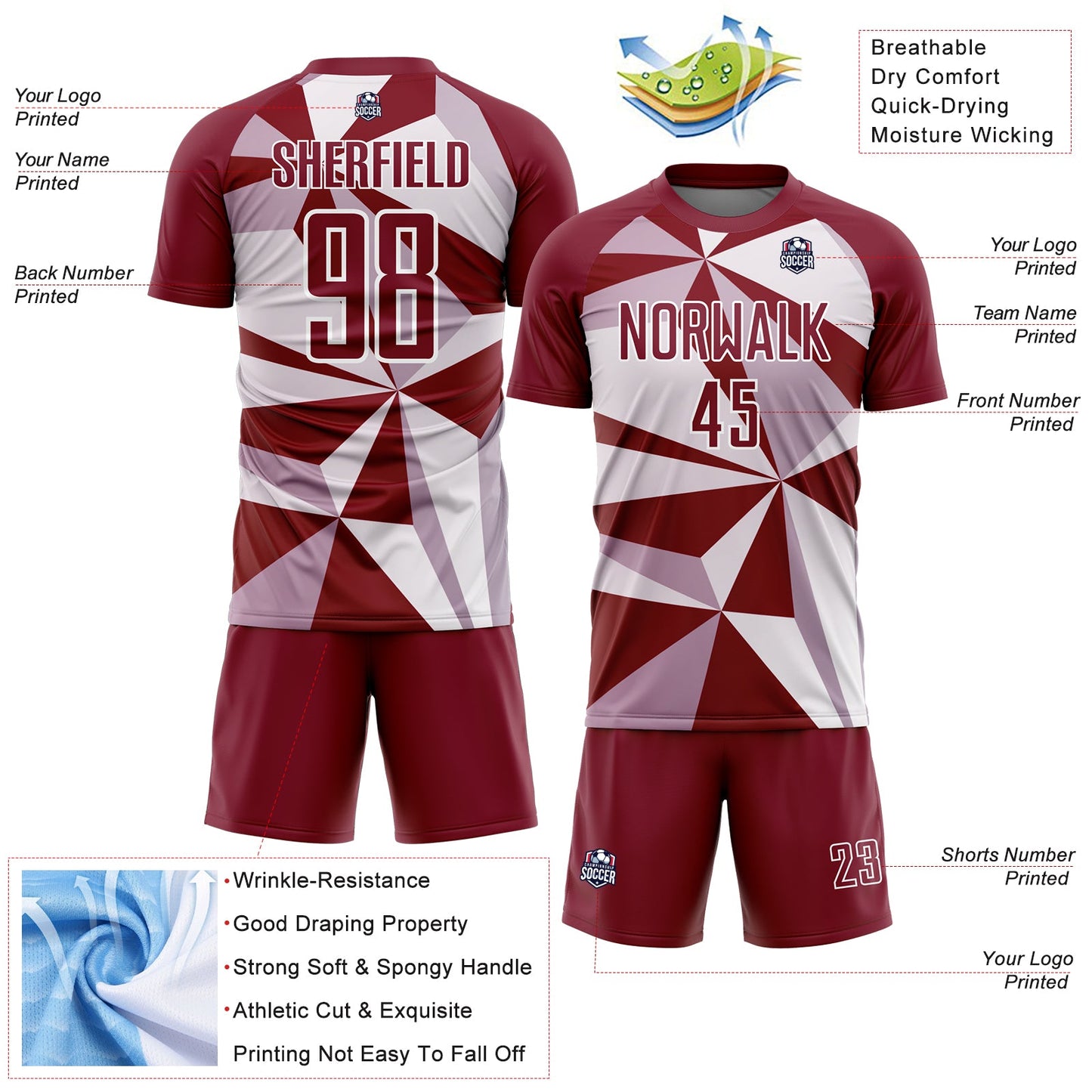 Custom Crimson White Geometric Pattern Sublimation Soccer Uniform Jersey view 4