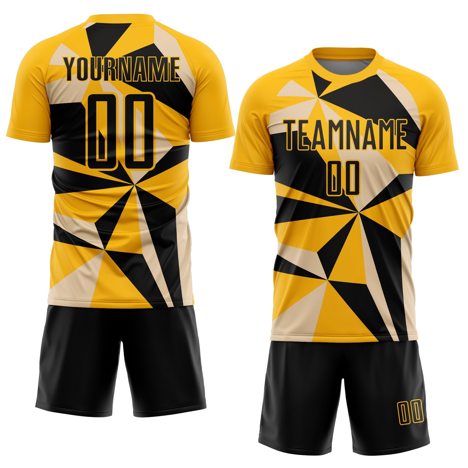 Custom Gold Black Geometric Pattern Sublimation Soccer Uniform Jersey view 2