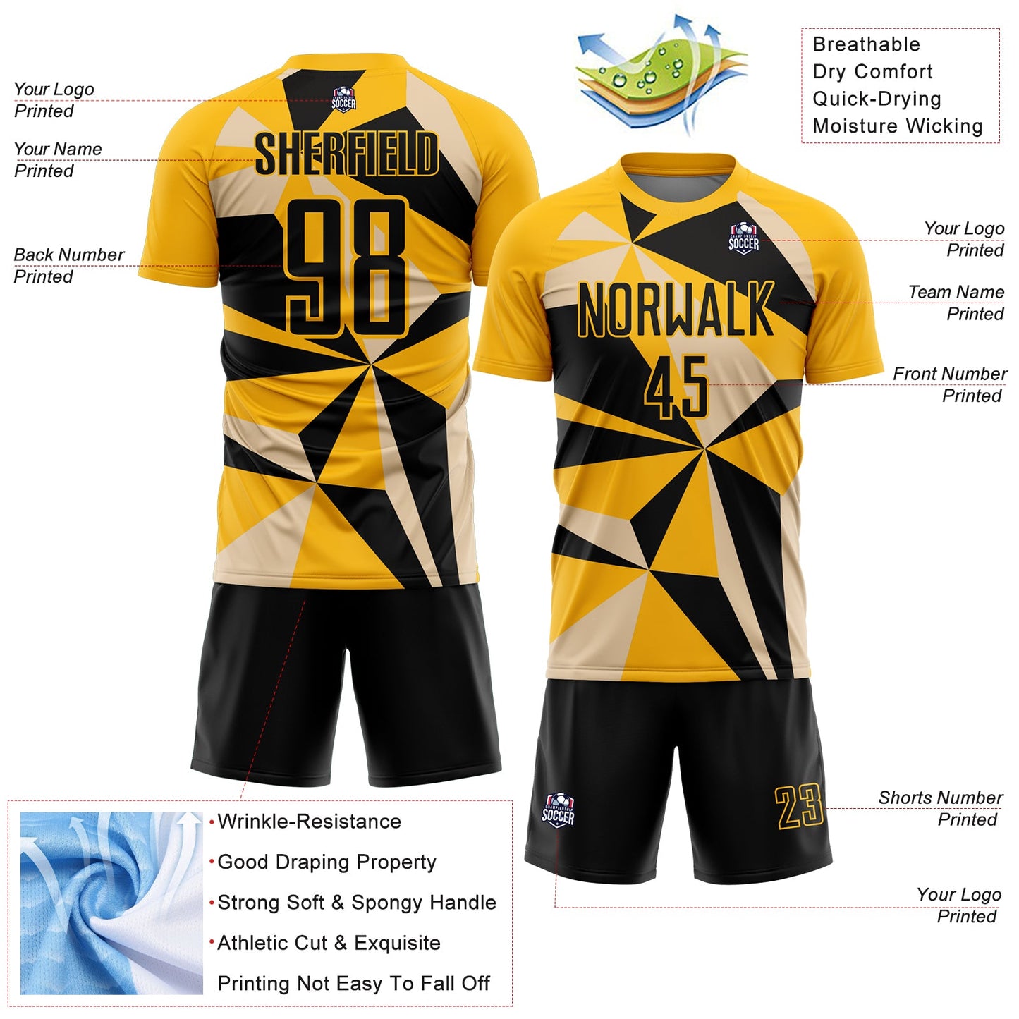 Custom Gold Black Geometric Pattern Sublimation Soccer Uniform Jersey view 4