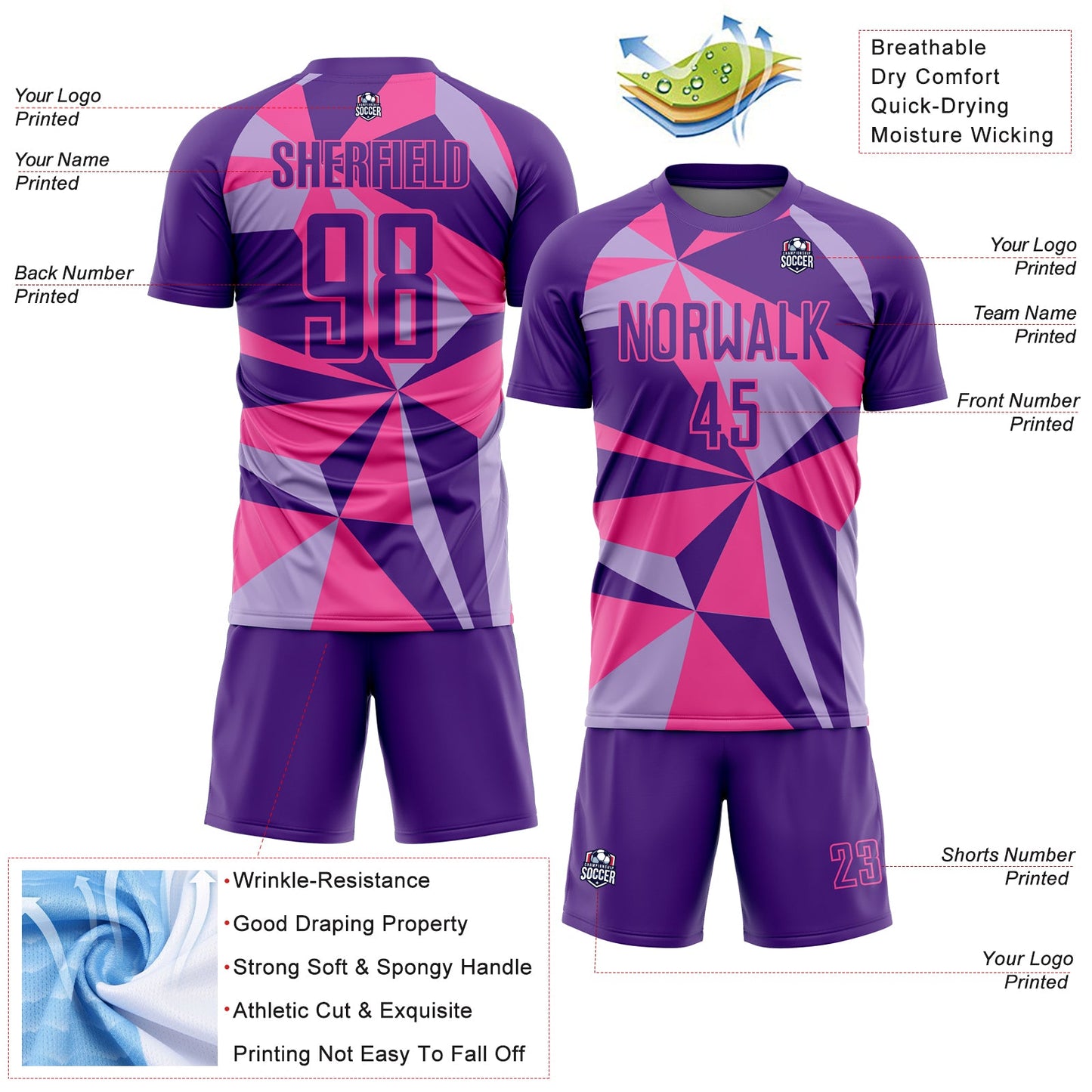 Custom Purple Pink Geometric Pattern Sublimation Soccer Uniform Jersey view 4
