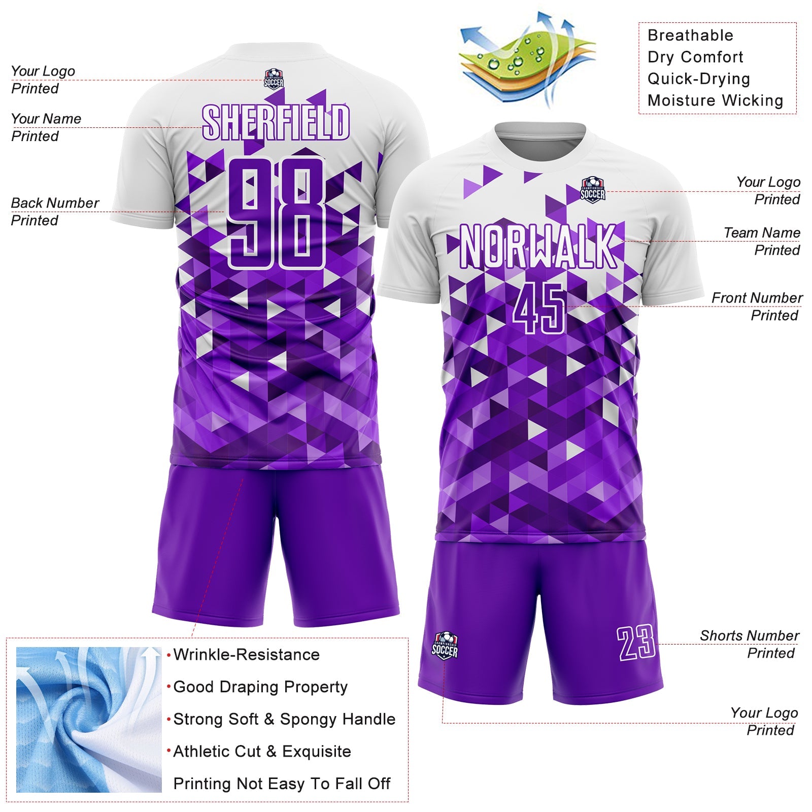 Custom Purple White Geometric Pattern Sublimation Soccer Uniform Jersey view 4