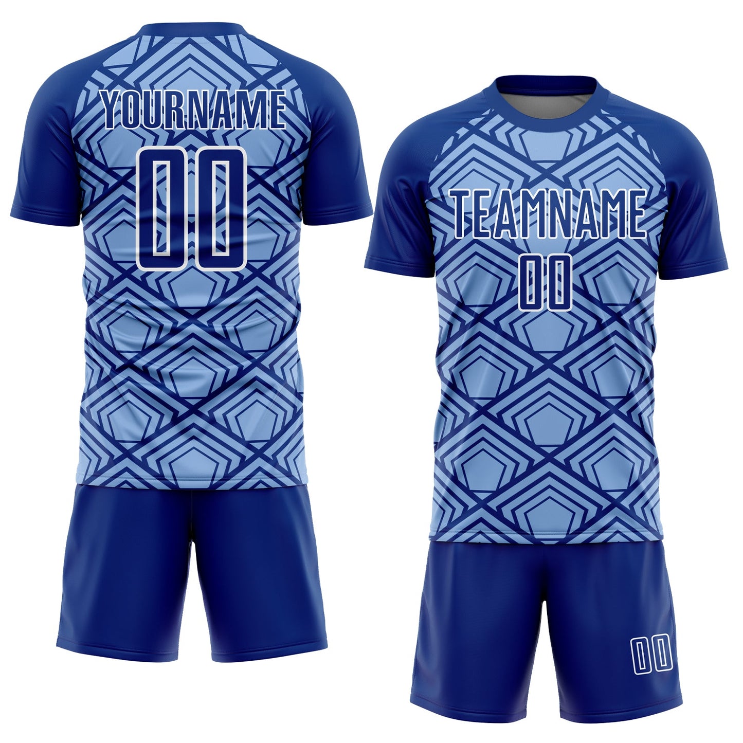 Custom Light Blue Royal-White Geometric Pattern Sublimation Soccer Uniform Jersey view 2