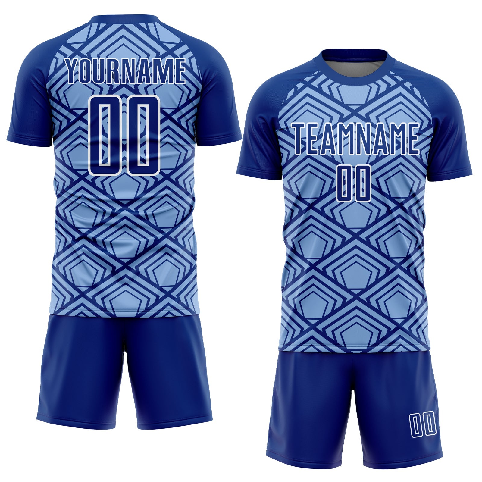 Custom Light Blue Royal-White Geometric Pattern Sublimation Soccer Uniform Jersey view 2