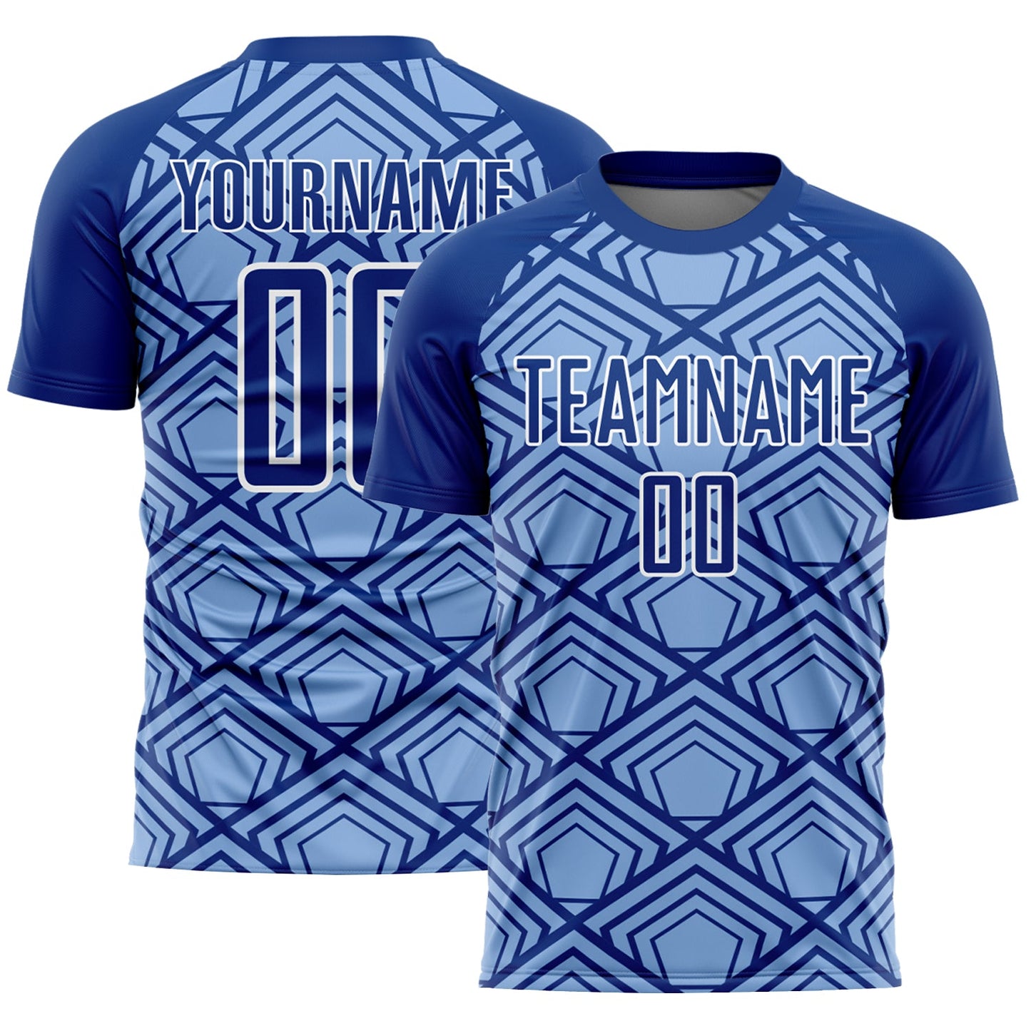 Custom Light Blue Royal-White Geometric Pattern Sublimation Soccer Uniform Jersey - Main View