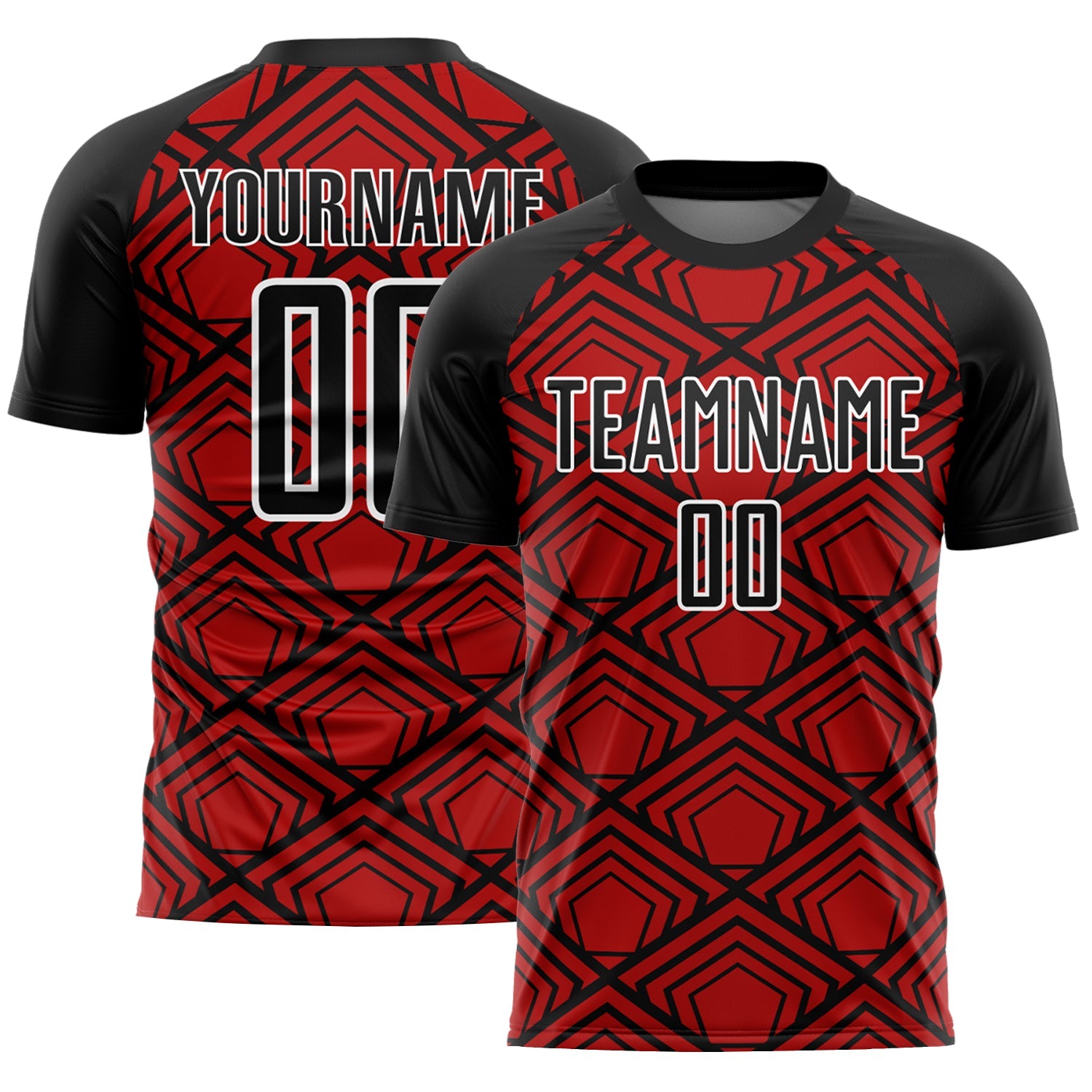 Custom Red Black-White Geometric Pattern Sublimation Soccer Uniform Jersey - Main View
