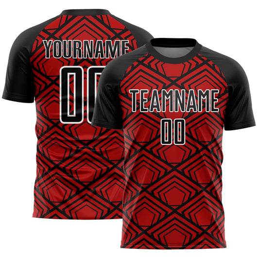 Custom Red Black-White Geometric Pattern Sublimation Soccer Uniform Jersey - Main View