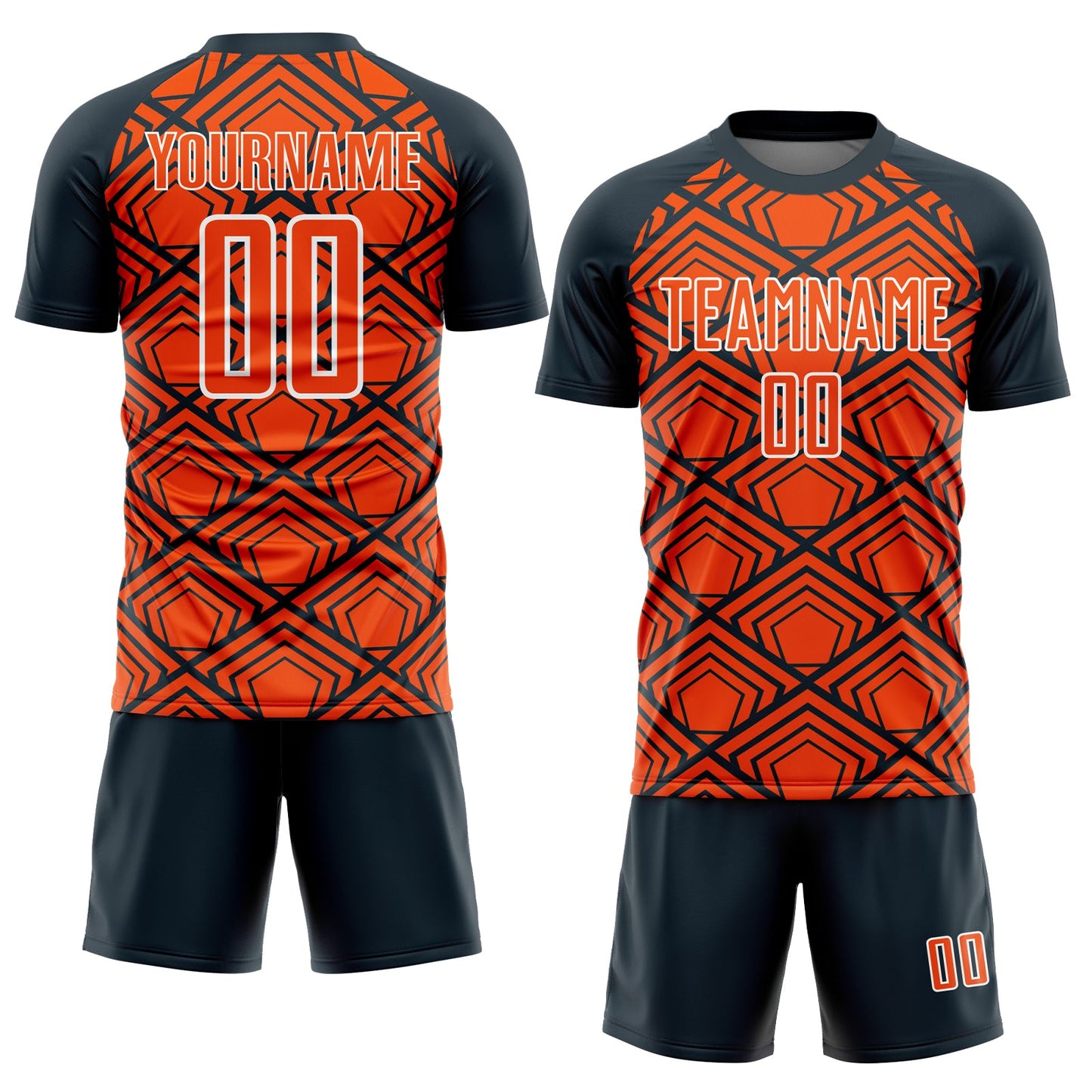 Custom Orange Navy-White Geometric Pattern Sublimation Soccer Uniform Jersey view 2